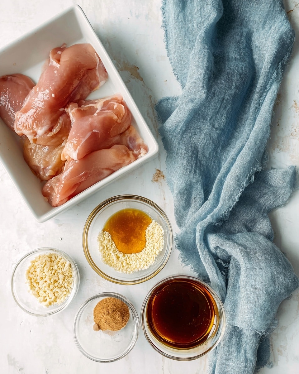 A white rectangular dish on the left holds several raw chicken pieces with smooth, pinkish texture. To the right, a soft blue cloth crumples across a white marbled surface, holding four small clear glass containers: the top one filled with light beige powder, the next with small, pale yellow flakes, followed by a round bowl of thick amber honey in the middle, and a dark brown liquid in a similar bowl at the bottom. Two other small clear glasses with light brown powders sit near the edges. The scene is softly lit and arranged neatly. photo taken with an iphone --ar 4:5 --v 7