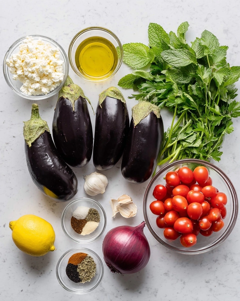 The image shows several fresh ingredients arranged on a white marbled surface. There are four dark purple eggplants grouped together in the center. To their right, there are bunches of green parsley and mint with a small clear bowl of white crumbly cheese above them. Next to the cheese is a clear glass jar of golden olive oil, and a whole red onion sits to the far right. Below the onion is a clear bowl filled with small bright red cherry tomatoes. To the left of the eggplants, a whole yellow lemon and a single clove of garlic lie above two small clear bowls of spices: one containing a mix of brown, black, and white powders, and the other holding dried herbs. The whole setup has a clean and fresh look, photo taken with an iphone --ar 4:5 --v 7