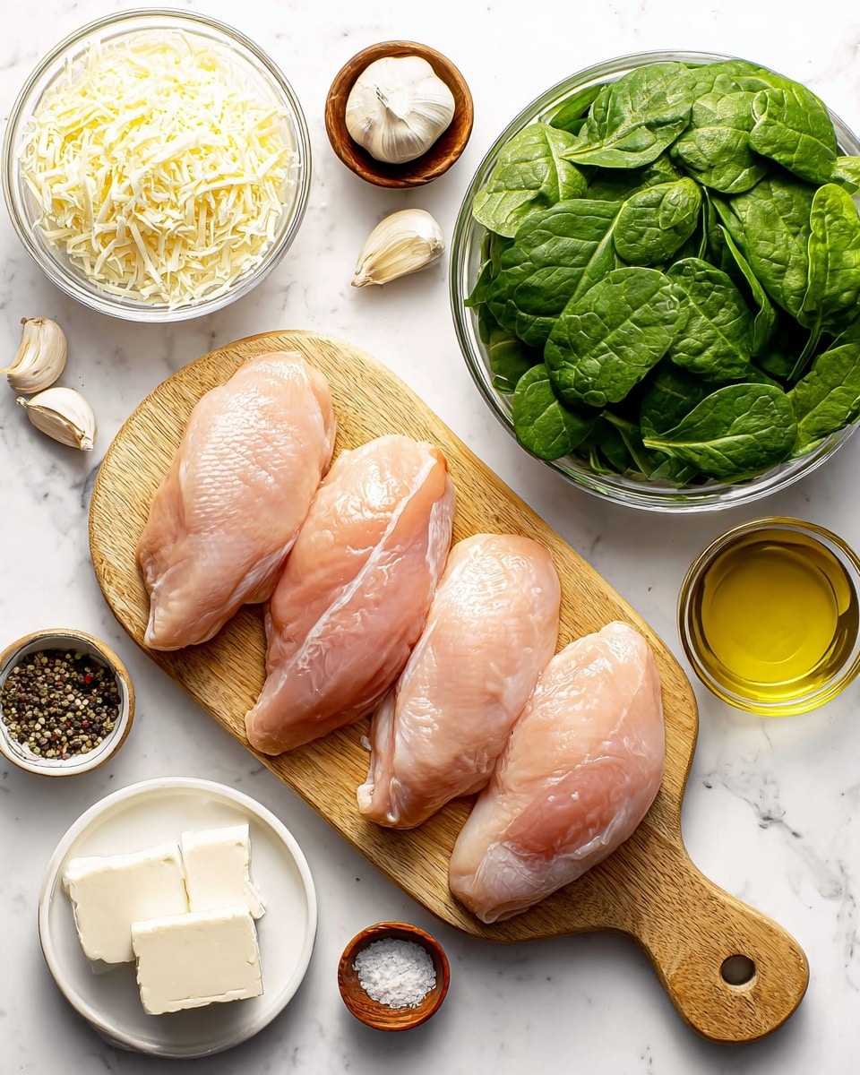 The image shows four raw chicken pieces placed side by side on a wooden board with a handle. Around the board are small clear bowls and plates: shredded white cheese in a clear glass bowl at the top left, two garlic cloves in a small wooden bowl at the top right, and golden oil in a clear glass bowl to the right of the board. Below the board is a large clear bowl filled with fresh green spinach leaves. In the lower left corner, a small white plate holds two white cheese blocks. Small clear bowls of black pepper and salt are also visible near the bottom center. All items are set on a white marbled surface. photo taken with an iphone --ar 4:5 --v 7