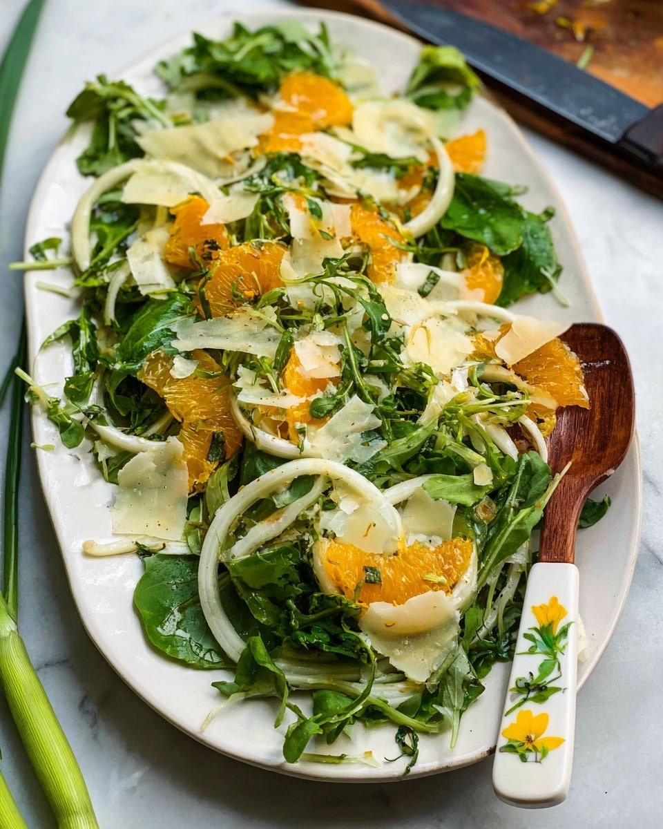 A white oval plate holds a fresh salad arranged in layers starting with a base of mixed green leafy vegetables including spinach and arugula. On top, there are thin, pale rings of fennel scattered across, along with bright orange slices adding vibrant color. Thin, translucent, light beige cheese shavings are spread unevenly over the salad. A wooden spoon with a white handle decorated with green leaves and yellow flowers is resting on the right side of the plate. The whole scene is on a white marbled surface with some green stalks and a black knife blurred in the background. Photo taken with an iphone --ar 4:5 --v 7