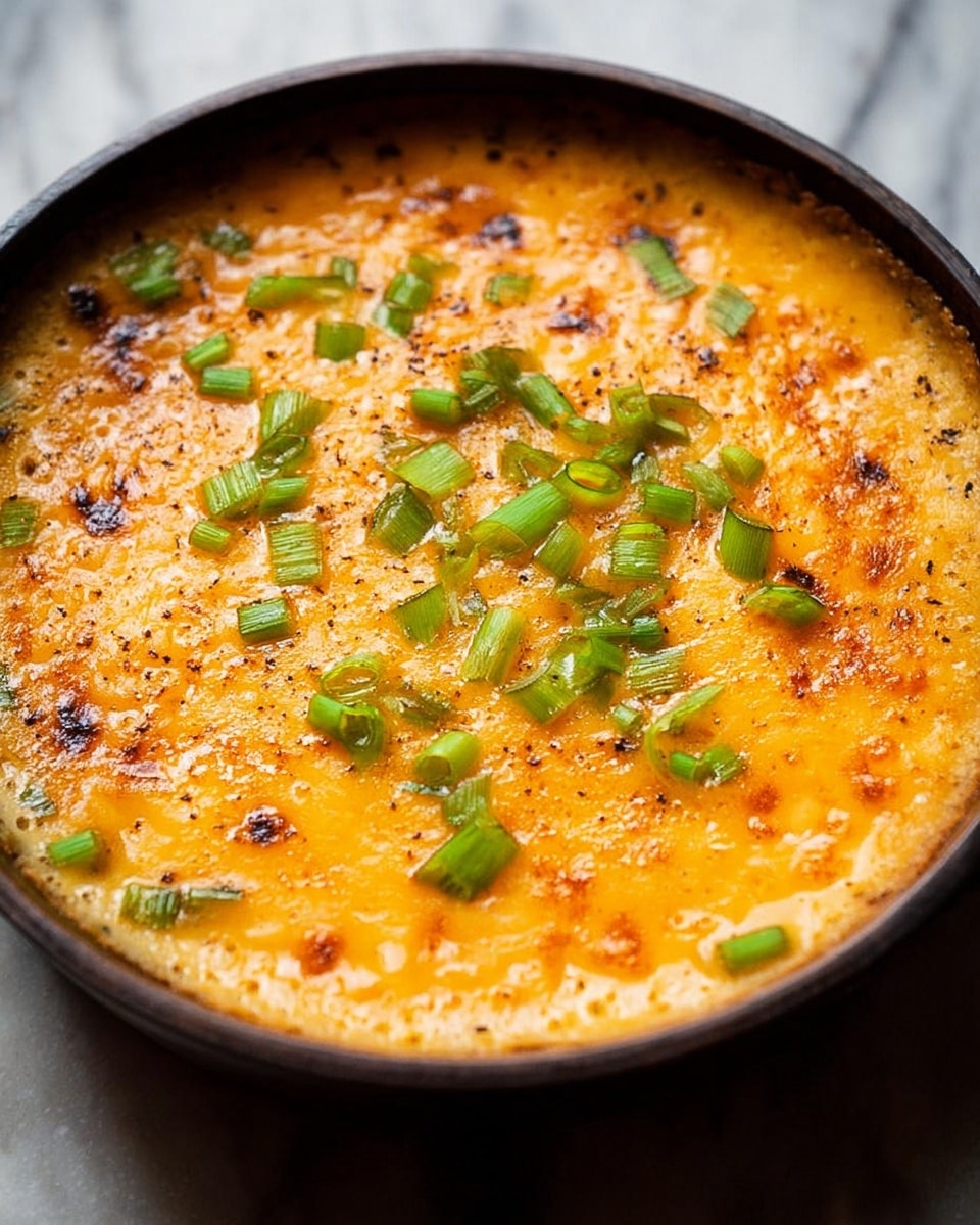 A close-up image of a round dish with a single visible layer of golden-orange melted cheese topped with small pieces of bright green chopped herbs, likely scallions, scattered unevenly across the surface. The cheese layer looks smooth and slightly shiny with small bubbles and light browning spots, giving it a textured appearance. The dish is in a dark pan with a slightly raised edge, placed on a surface with a white marbled texture. Photo taken with an iphone --ar 4:5 --v 7