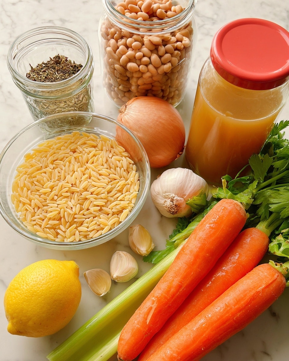 The image shows a group of cooking ingredients arranged closely on a white marbled surface. In the front left there is a clear glass bowl filled with small, light yellow orzo pasta. On the right side are two whole bright orange carrots lying on green leafy celery stalks. Below them is a yellow lemon positioned near two peeled garlic cloves. Behind the carrots is a whole light brown onion. Further back there are two clear glass jars filled with light brown beans and a golden yellow liquid, plus a glass container of light brown broth. In the middle is a small glass spice jar with dried herbs inside and a red lid. All items are well lit and sharply focused, shown in a simple and clean layout. Photo taken with an iphone --ar 4:5 --v 7