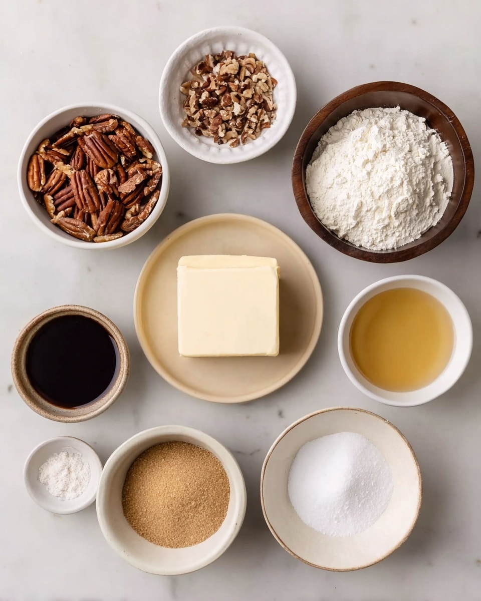 The image shows nine small white bowls and one small beige plate arranged on a white marbled surface. The top left bowl contains medium brown pecan pieces, next to it on the right is a bowl filled with white flour. Below the flour bowl is a dark wooden bowl filled with white sugar. In the center is a beige plate holding a square block of pale yellow butter. To the left of the butter, there is a small white bowl with dark brown liquid, likely vanilla extract. Below this is a bowl with light brown sugar, and to the right, a bowl of clear golden liquid, possibly honey or syrup. At the bottom right, there is a small white bowl with white powder, and next to it on the left is a tiny white bowl containing light brown spice powder. The setup is clean and organized, highlighting the ingredients separately with neutral tones. Photo taken with an iphone --ar 4:5 --v 7