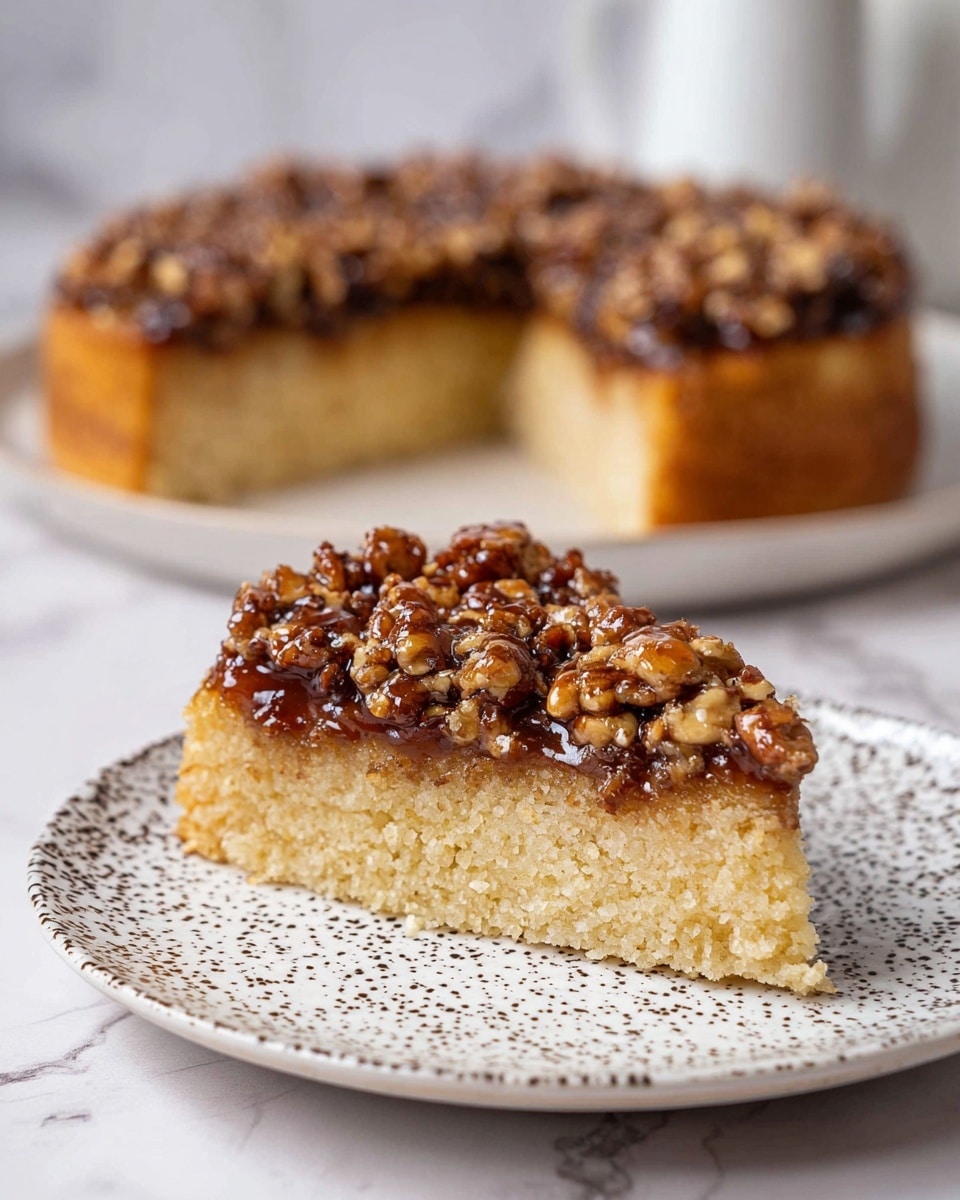 The image shows a slice of cake on a white plate with dark speckles and a textured design. The cake has two layers: a thick, light golden-yellow base that looks soft and moist, and a top layer made of dark brown chopped nuts covered in a shiny syrup. Behind the slice, the rest of the cake sits on another white plate with the same dark speckled pattern, placed on a surface with a white marbled texture. The background is softly blurred with soft white shapes. photo taken with an iphone --ar 4:5 --v 7