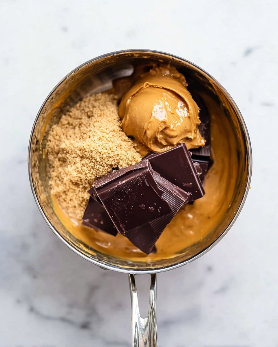 Inside a metal pot on a white marbled surface, there are four main layers of ingredients. The bottom layer is a smooth golden brown peanut butter spread around the base. On top of that, there is a shiny, thick scoop of light brown peanut butter placed slightly to one side. Next to it, a grainy mound of light brown sugar sits, looking dry and crumbly. On the opposite side, a stack of dark chocolate squares with a glossy finish lies neatly. The pot's metal handle stretches out toward the bottom of the image. photo taken with an iphone --ar 4:5 --v 7