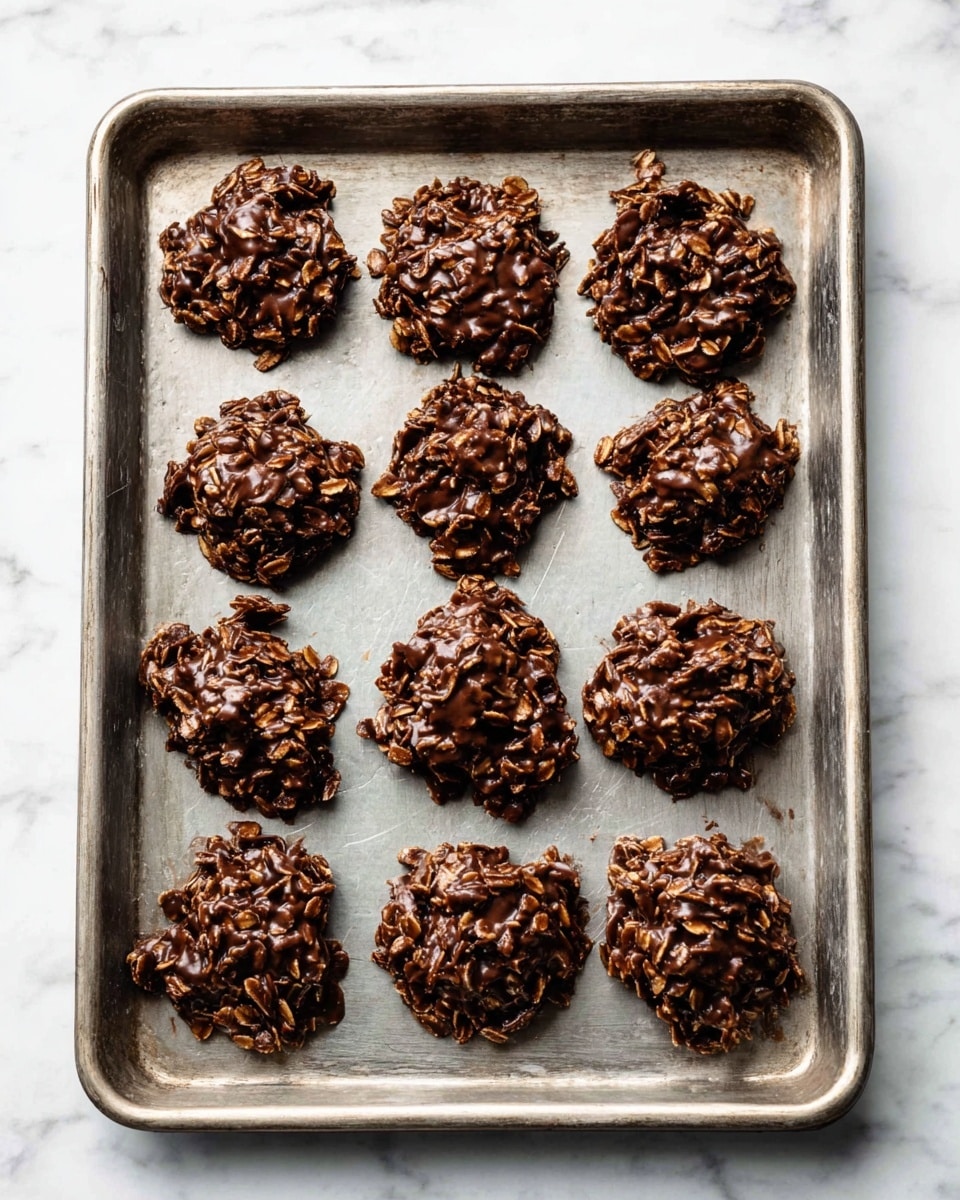 The image shows a metal baking tray with twelve unevenly shaped clusters of dark chocolate oat no-bake cookies arranged in three rows. Each cookie has a rough, textured surface made of oats coated in a shiny, thick dark chocolate mixture, giving them a rich, deep brown color. The cookies vary slightly in size and shape, with some flatter and others more rounded. The tray sits on a white marbled surface, which adds a clean, bright contrast to the dark cookies. photo taken with an iphone --ar 4:5 --v 7