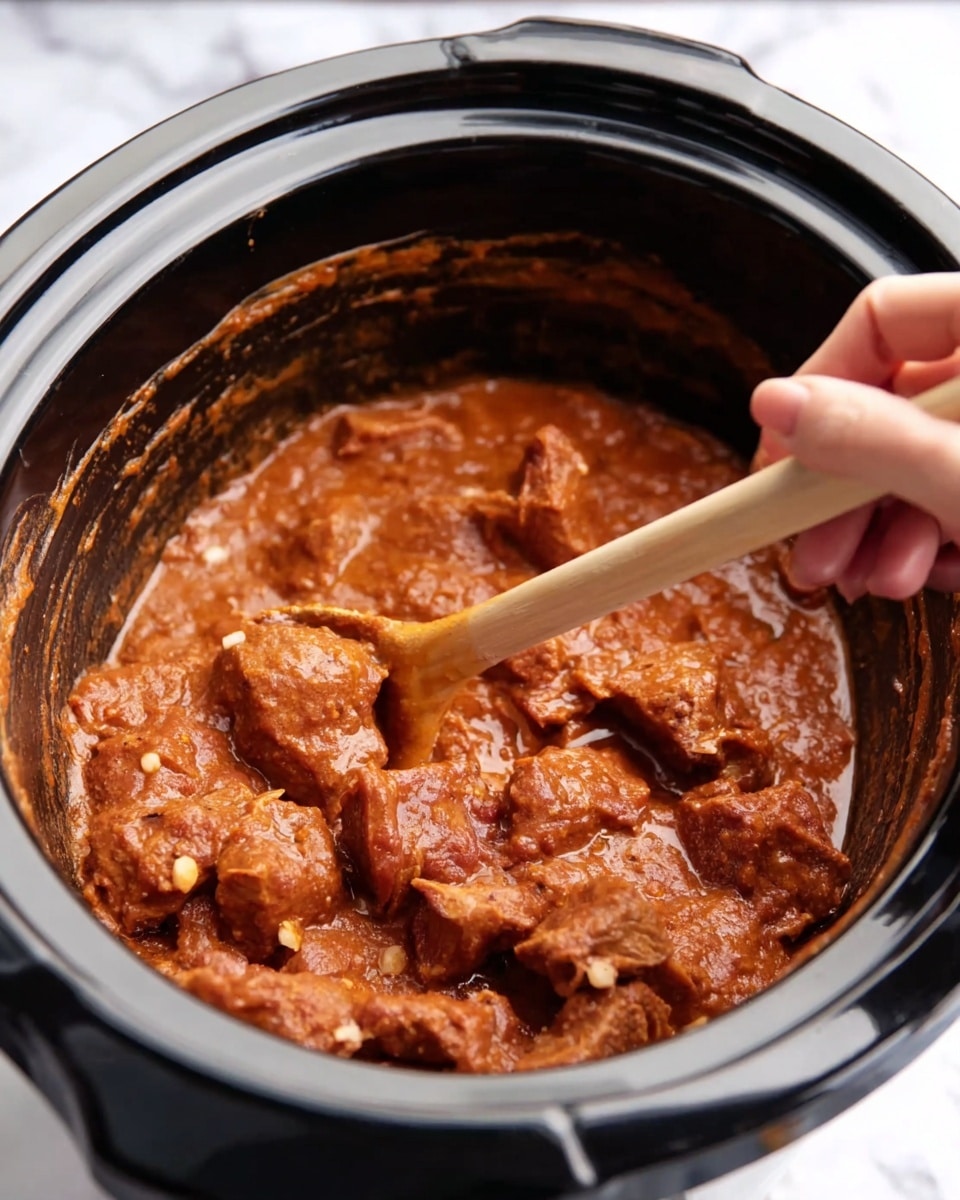 A close-up view shows a black slow cooker filled with raw meat pieces covered in a thick reddish-brown sauce. The sauce is chunky with bits of white visible inside. A woman's hand holding a wooden spoon is stirring the mixture, pushing through the sauce and meat inside the cooker. The slow cooker has a smooth, shiny finish on the inside. The background is a white marbled texture. photo taken with an iphone --ar 4:5 --v 7