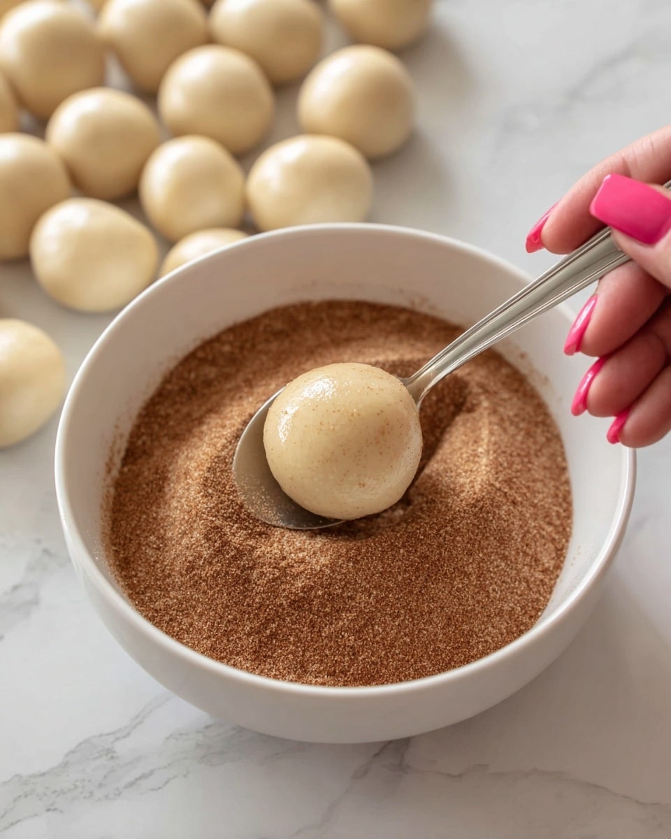A close-up view of a white bowl filled with a layer of fine brown cinnamon sugar powder. On top of the powder, a shiny pale dough ball is being held by a silver spoon inside the bowl. In the background, there are multiple small pale dough balls placed on a white marbled surface. A woman's hand with pink nail polish is holding the spoon from the left side of the image. Photo taken with an iphone --ar 4:5 --v 7