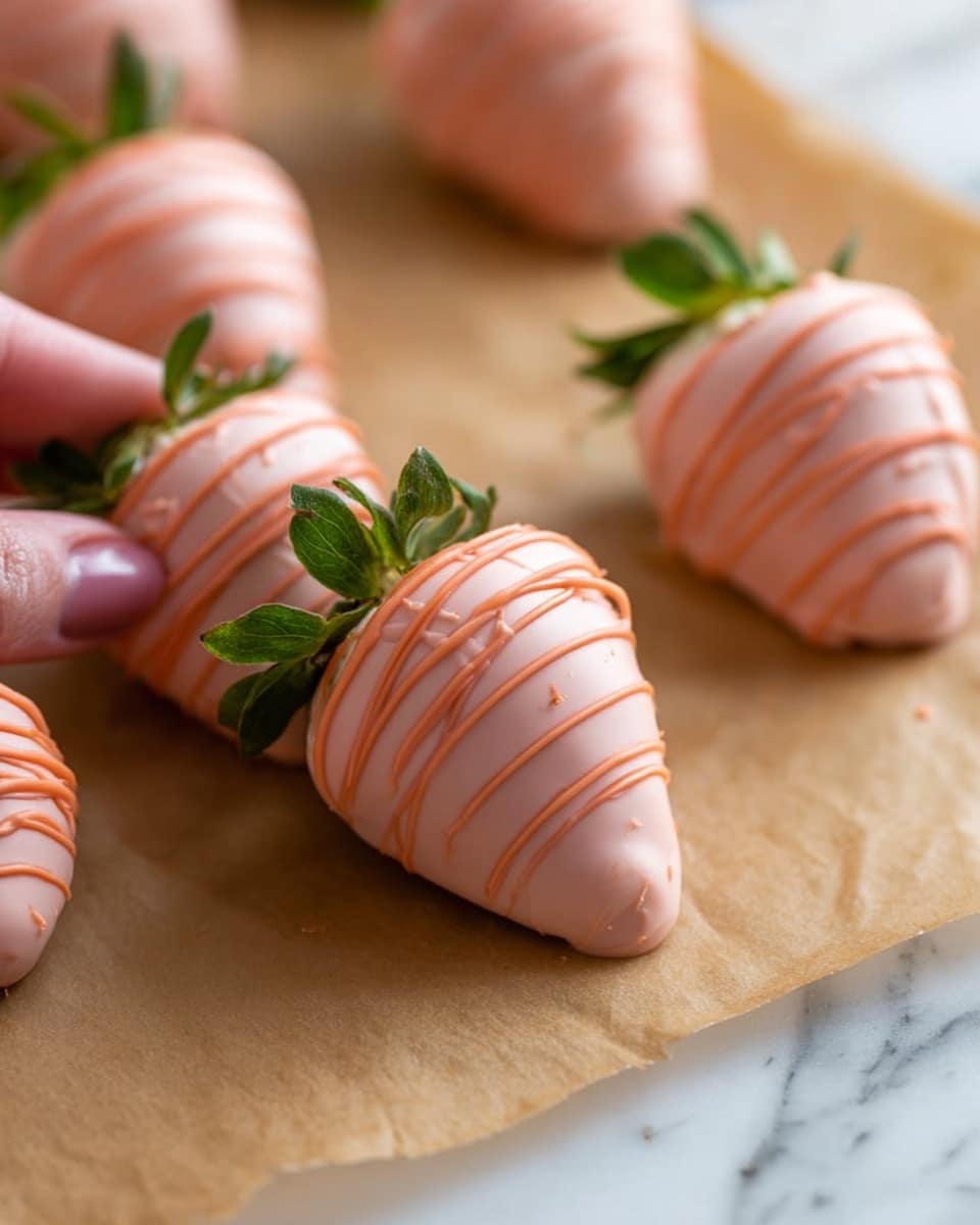 The image shows several strawberries covered in light pink chocolate arranged on a brown parchment paper. Each strawberry is fully coated in smooth pink chocolate with a slightly shiny texture, and there are thin, darker pink chocolate drizzles artistically draped over the top, creating fine lines across the surface. The green leafy tops of the strawberries are left exposed, adding a fresh contrast to the pink coating. The scene is set on a white marbled surface, and a woman's hand is gently holding one of the strawberries in the background. photo taken with an iphone --ar 4:5 --v 7