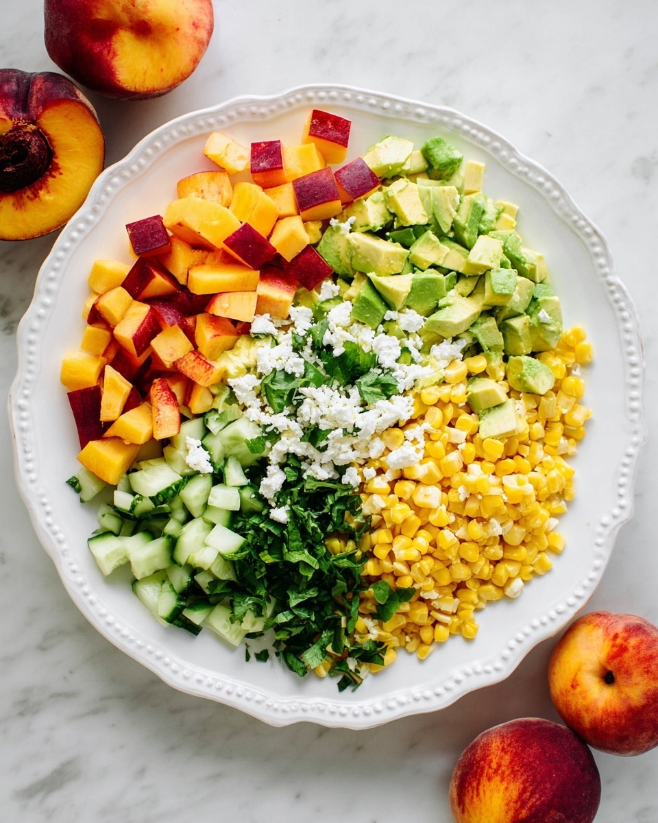 A round white plate with a bubble scalloped edge holds a colorful fresh salad with six visible layers arranged in small piles around the center. Starting from the top left, there is a layer of diced orange and red peaches with square shapes, next to it diced avocado pieces with a smooth texture and light green color, then a pile of yellow corn kernels on the right. Near the bottom right edge, small cubes of cucumber with a slick green surface form another layer. In the middle, there is a mix of chopped fresh green herbs scattered throughout and topped with white crumbled cheese, creating a textured contrast. The plate and ingredients rest on a white marbled surface, with two whole peaches partially pictured nearby for a fresh and natural look. photo taken with an iphone --ar 4:5 --v 7