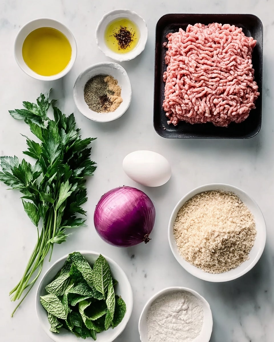 The image shows different ingredients arranged neatly on a white marbled surface. On the top right, there is a black tray with light pink ground meat. Below it, a white egg lies next to a whole purple onion. To the left, there are small white bowls, one with yellow oil, another with minced garlic, and a third with a mix of brown, green, and black spices. At the bottom left, there is a bunch of green parsley and next to it, fresh green mint leaves. There are two larger white bowls, one with dry breadcrumbs and the other with white flour. Everything is placed in a clean and simple way, ready for cooking. Photo taken with an iphone --ar 4:5 --v 7