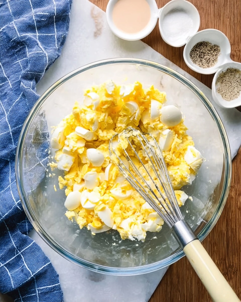 A clear glass bowl filled with roughly crushed boiled eggs showing bright yellow yolks mixed with white pieces, a silver whisk with a cream handle resting inside the bowl on the right side. Around the bowl, on a white marbled surface, are various small white dishes containing a light pink creamy sauce and some black pepper. A blue cloth with white square patterns is partially visible on the top left corner. photo taken with an iphone --ar 4:5 --v 7