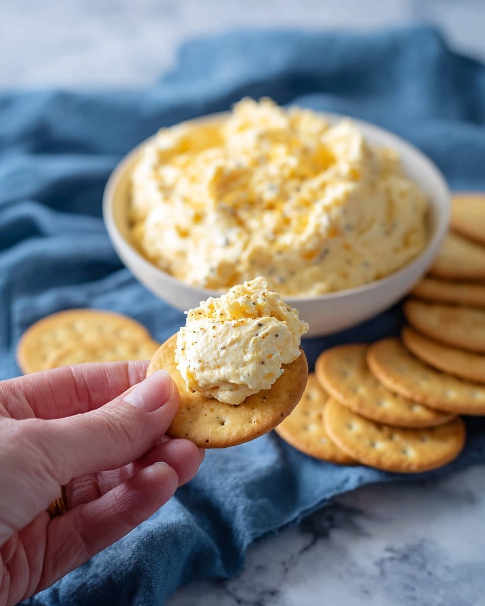 A close-up shows a woman's hand holding a round golden cracker topped with a thick, creamy mixture that is pale yellow with a slightly grainy texture and small specks of seasoning. In the background, a white bowl filled with a mound of the same mixture sits on a soft blue cloth. Around the bowl, multiple round golden crackers are arranged in a casual stack, all placed on a white marbled surface. The scene conveys a simple, appetizing snack setting with soft natural light. photo taken with an iphone --ar 4:5 --v 7