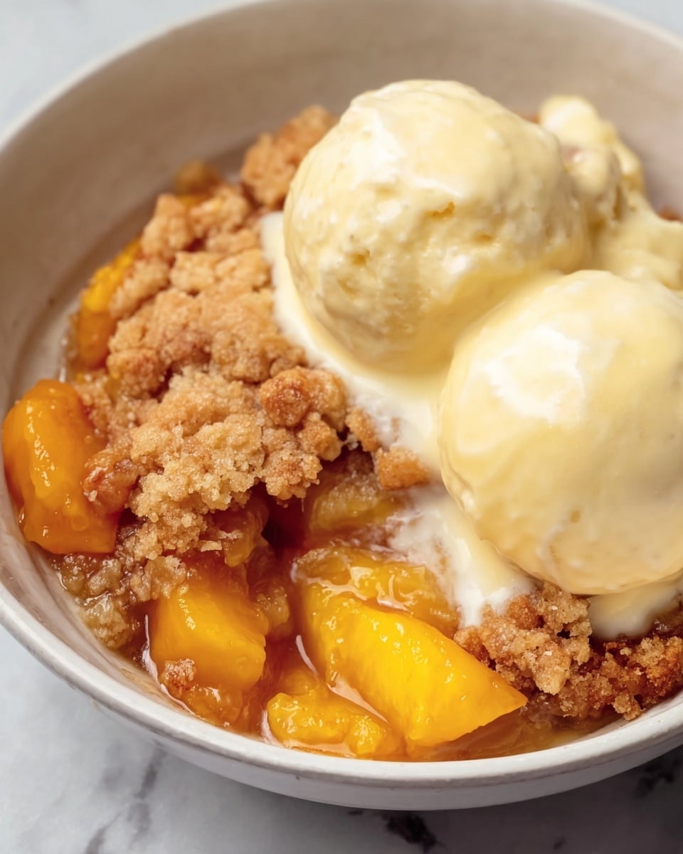The image shows a close-up of a dessert in a white bowl set on a white marbled surface. The dessert has three main layers: at the bottom, there is a syrupy, chunky layer with bright orange peach pieces that look juicy and soft. On top of this is a rough, golden-brown, crispy crumble layer that has a crunchy texture. The top layer has two smooth, creamy scoops of pale yellow ice cream melting slightly into the warm crumble and peach below. photo taken with an iphone --ar 4:5 --v 7