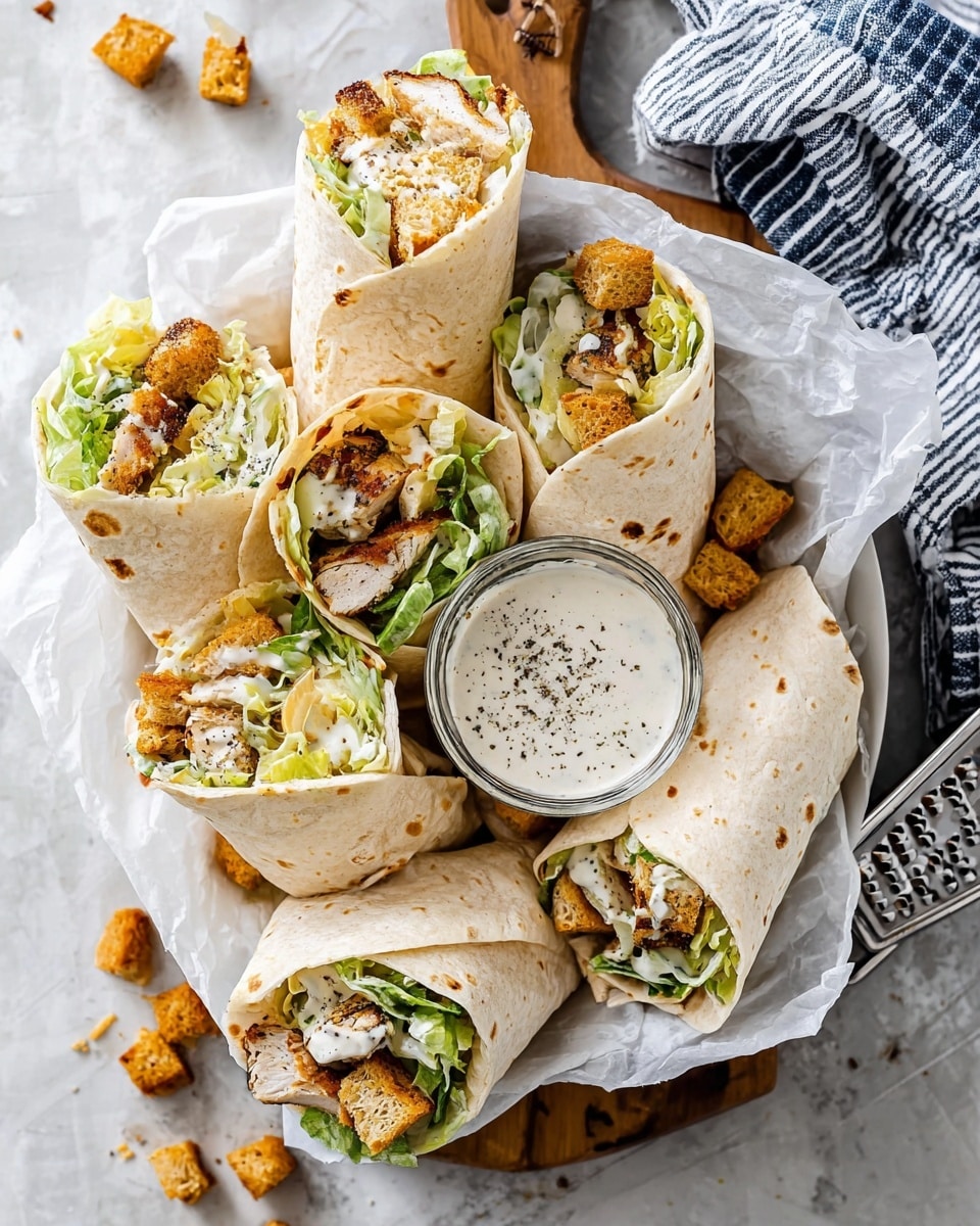 The image shows six wrap sandwiches arranged on white parchment paper in a white plate with black dots, placed on a wooden board over a white marbled surface. Each wrap is made of a light beige tortilla with soft texture and small brown spots, filled with layers of green lettuce, light brown grilled chicken pieces, golden crunchy croutons, and white shredded cheese, with white creamy sauce visible inside. Around the wraps, there are scattered golden brown croutons. A small clear glass bowl with white creamy sauce speckled with black pepper sits in the center of the plate. Nearby, a metal grater lies on the white marbled surface next to the wooden board, and a blue and white striped cloth is placed in the top right corner. photo taken with an iphone --ar 4:5 --v 7