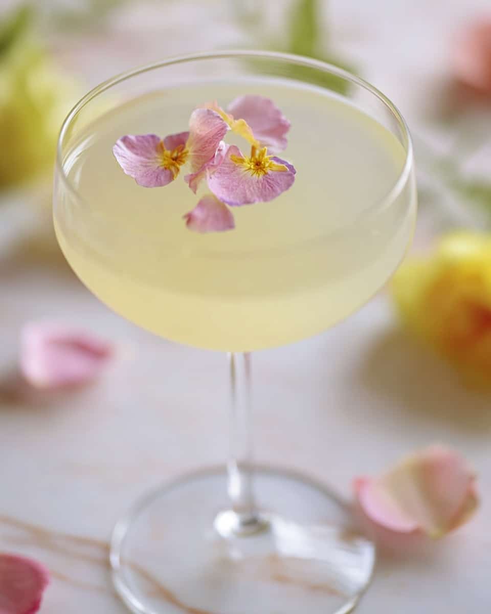 A pale yellow cocktail with a smooth, slightly frothy texture fills a clear glass with a wide bowl and thin rim. Floating gently on top are several soft pink flower petals with subtle yellow centers, adding a delicate floral touch. The glass stem is visible below, set against a soft, blurred white marbled background with hints of yellow and green tones in the distance. Photo taken with an iphone --ar 4:5 --v 7