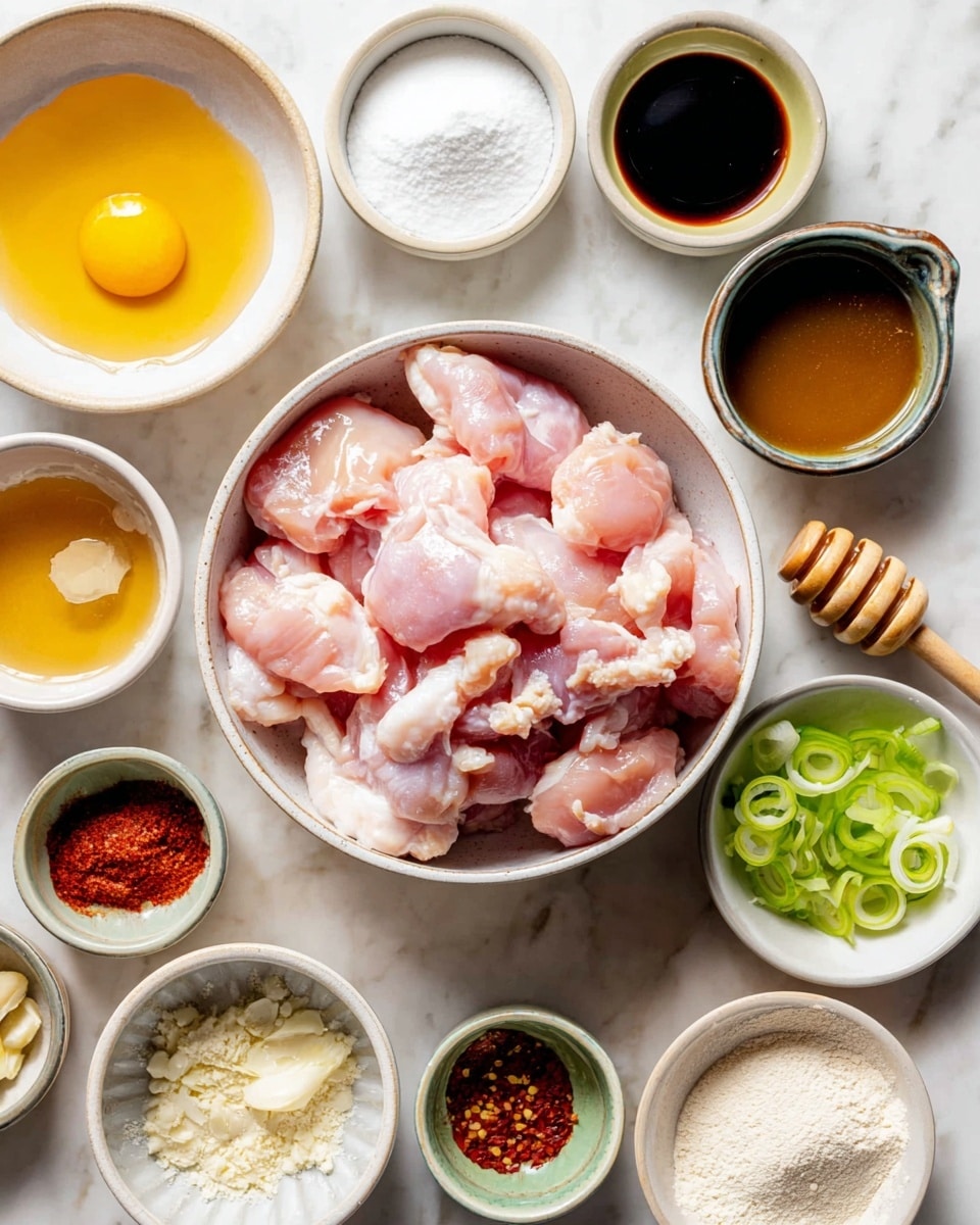 A wide white bowl filled with raw pink chicken pieces sits in the center on a white marbled surface, surrounded by small white bowls holding various ingredients: fine white powder, dark soy sauce, an egg yolk in clear liquid, sliced green rings, reddish chili flakes, and golden honey with a honey dipper. Additional bowls contain light brown and white powders, minced garlic, and a pale liquid. The arrangement is neat and colorful with smooth and powdery textures, capturing a cooking preparation scene. photo taken with an iphone --ar 4:5 --v 7