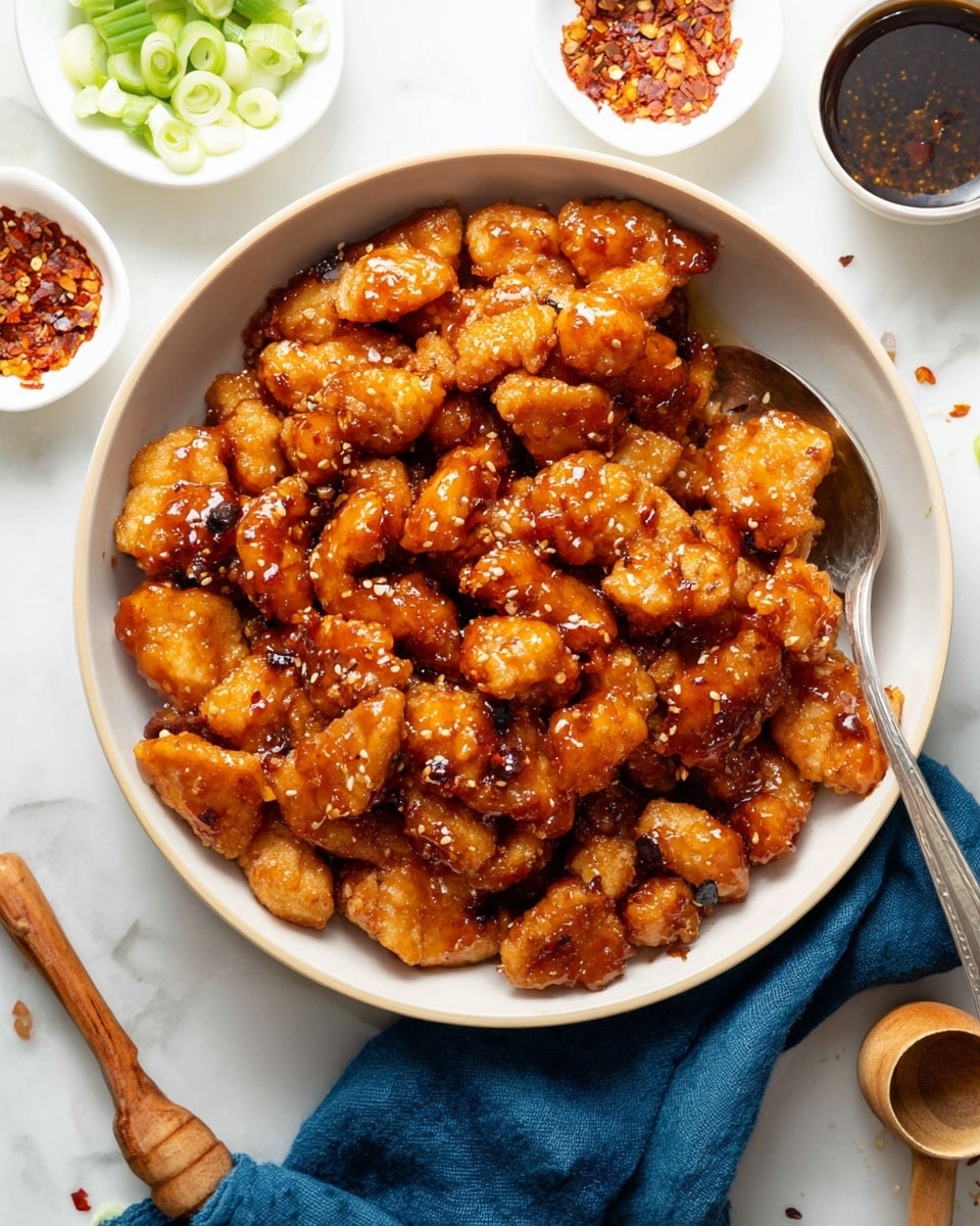 A white bowl filled with many pieces of small, golden-brown fried chicken chunks covered in a shiny, sticky orange-brown sauce, some with a slightly crispy texture. The bowl is placed on a white marbled surface with a silver spoon resting inside the bowl on the right side. Around the bowl, there are small white dishes with one containing chili flakes, one holding sliced green onions, and another with a dark brown sauce and a wooden dipper. A blue cloth napkin is underneath the bowl on the right side. photo taken with an iphone --ar 4:5 --v 7