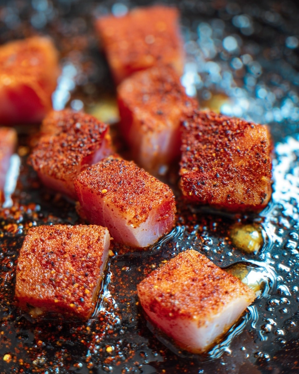 The image shows several small cubes of raw fish with a reddish seasoning crust covering each piece, arranged loosely on a shiny dark surface that reflects light. The fish cubes have a light pink inside with a textured coating of fine spices that look like a mix of red, orange, and black powder. There are small pools of oil around some of the cubes, creating a glistening effect. The background is a close-up view with some pieces slightly out of focus, emphasizing the texture and colors of the seasoned fish cubes. photo taken with an iphone --ar 4:5 --v 7