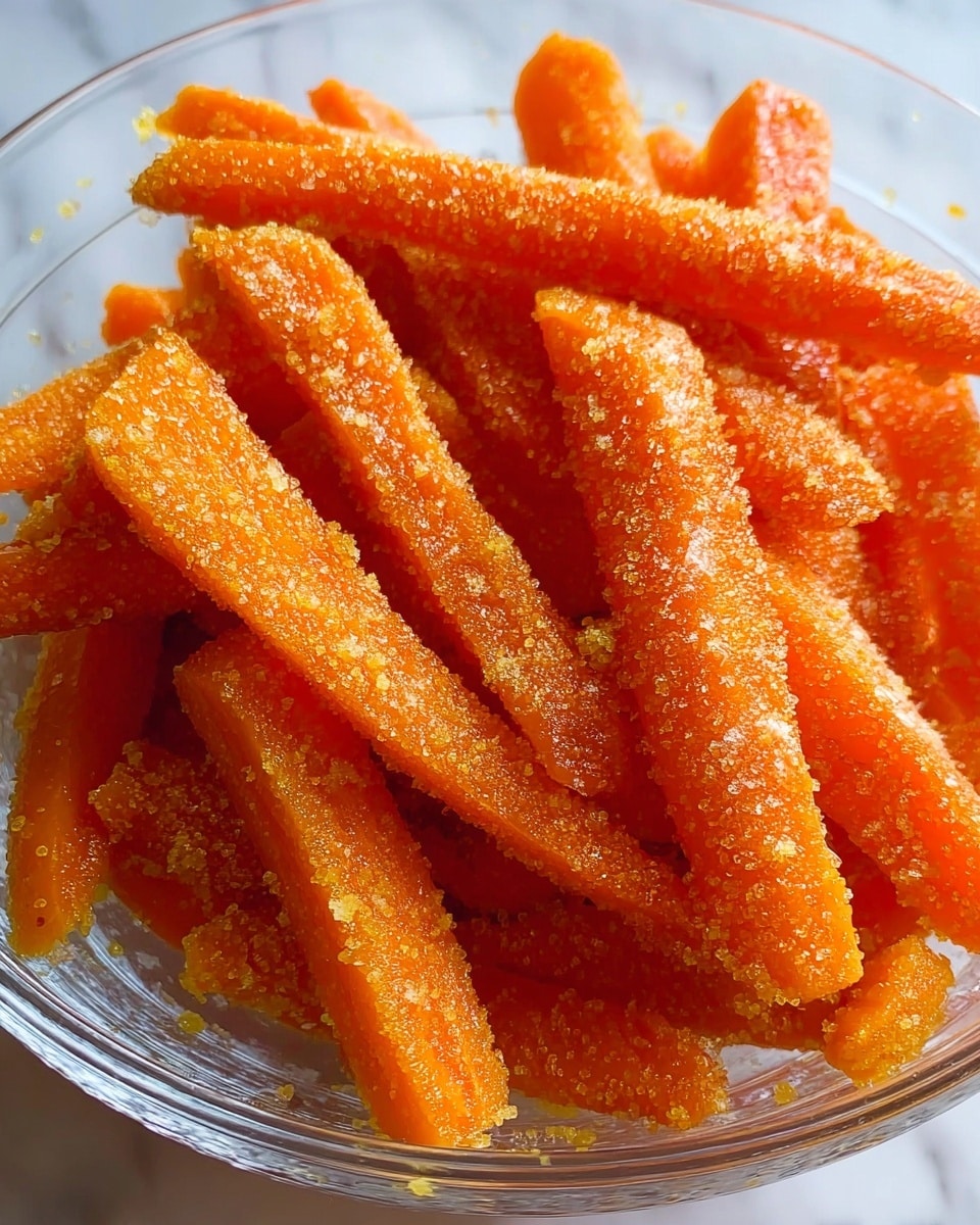 The image shows a clear bowl filled with bright orange carrot sticks, each coated with a grainy light yellow seasoning that clings evenly to the surface. The carrots are thick and cut into irregular long pieces, stacked closely together filling the bowl. The background features a white marbled texture, adding a clean contrast to the rich orange of the carrots. The photo taken with an iphone --ar 4:5 --v 7