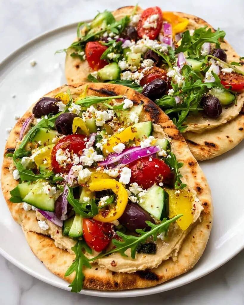 Mediterranean Flatbread Pizza with Hummus, Feta, and Fresh Vegetables Recipe
