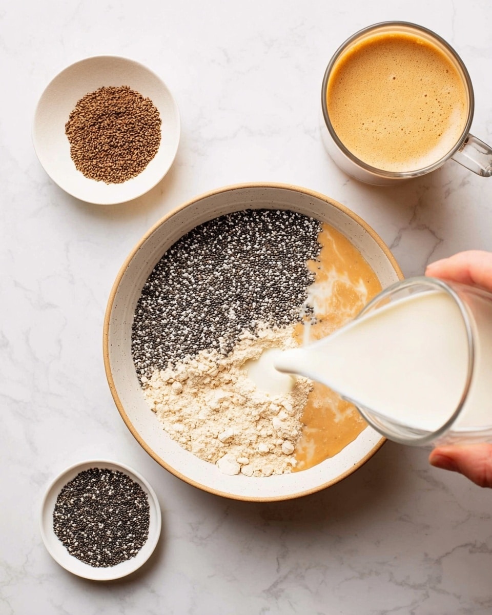 In the image, a white bowl with a light brown rim holds layers of ingredients: one side is filled with small black chia seeds, while the other side has a pale beige powder. Underneath these layers, a caramel-colored liquid can be seen pooling at the base. A woman's hand is pouring white milk from a clear glass cup into the bowl, adding a soft contrast. Around the bowl are two small white dishes; one contains dark brown powder, and the other has more black chia seeds, all placed on a white marbled surface. Near the top right of the image, a transparent cup filled with foam-topped coffee completes the calm, morning preparation scene. photo taken with an iphone --ar 4:5 --v 7