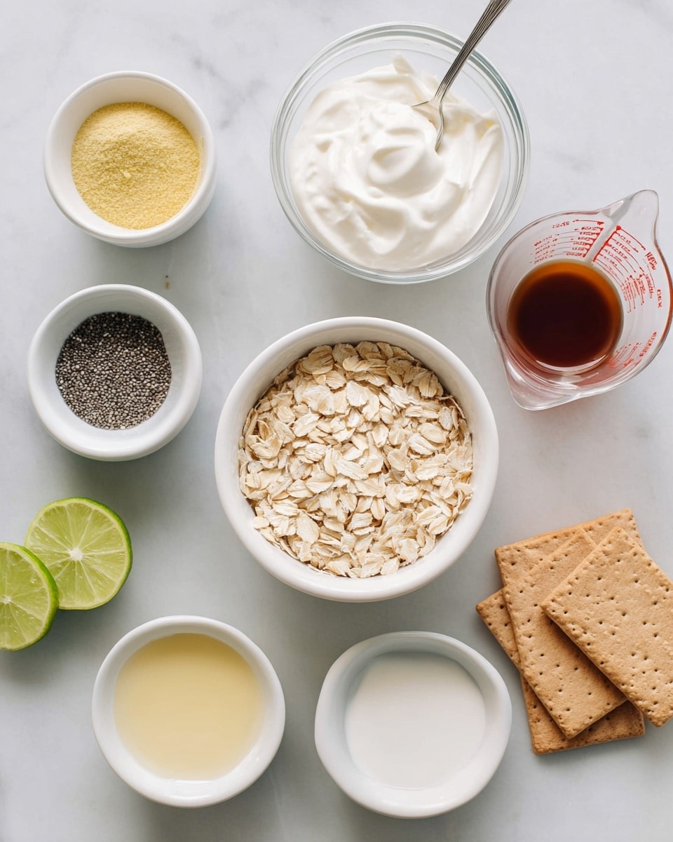The image shows several small white bowls and a clear measuring cup arranged on a white marbled surface. In the center, there is a white bowl filled with light beige rolled oats. Above it, a clear glass bowl holds thick white yogurt with a spoon inside. To the left, a small white bowl has a yellow powder, and below it, another bowl contains small black chia seeds. Two halves of a lime with a greenish-yellow color are placed near the bottom left. Next to the lime halves, a small white bowl contains a pale yellow liquid. On the right, a white bowl has a dark brown liquid, and a clear measuring cup with red markings is filled with a white liquid. Two rectangular graham crackers with a light brown color are stacked near the bottom right. The photo was taken with an iphone --ar 4:5 --v 7