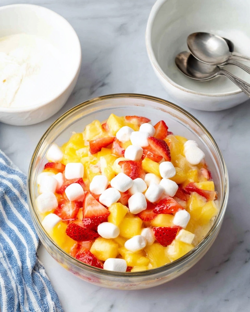 A clear glass bowl sits in the center on a white marbled background, filled with a colorful fruit salad. The salad shows three main layers: the bottom layer is a bright yellow fruit mix that looks soft and juicy, mostly pineapple pieces; scattered evenly on top are small white marshmallows, round and plump, giving a soft texture; mixed with the marshmallows are slices of red strawberries, adding bright red spots throughout the bowl. Above and behind the bowl, there are two white bowls, one empty with two metal spoons resting inside, and the other appears filled with a white creamy substance. A blue and white striped cloth is partially visible on the bottom left corner. photo taken with an iphone --ar 4:5 --v 7
