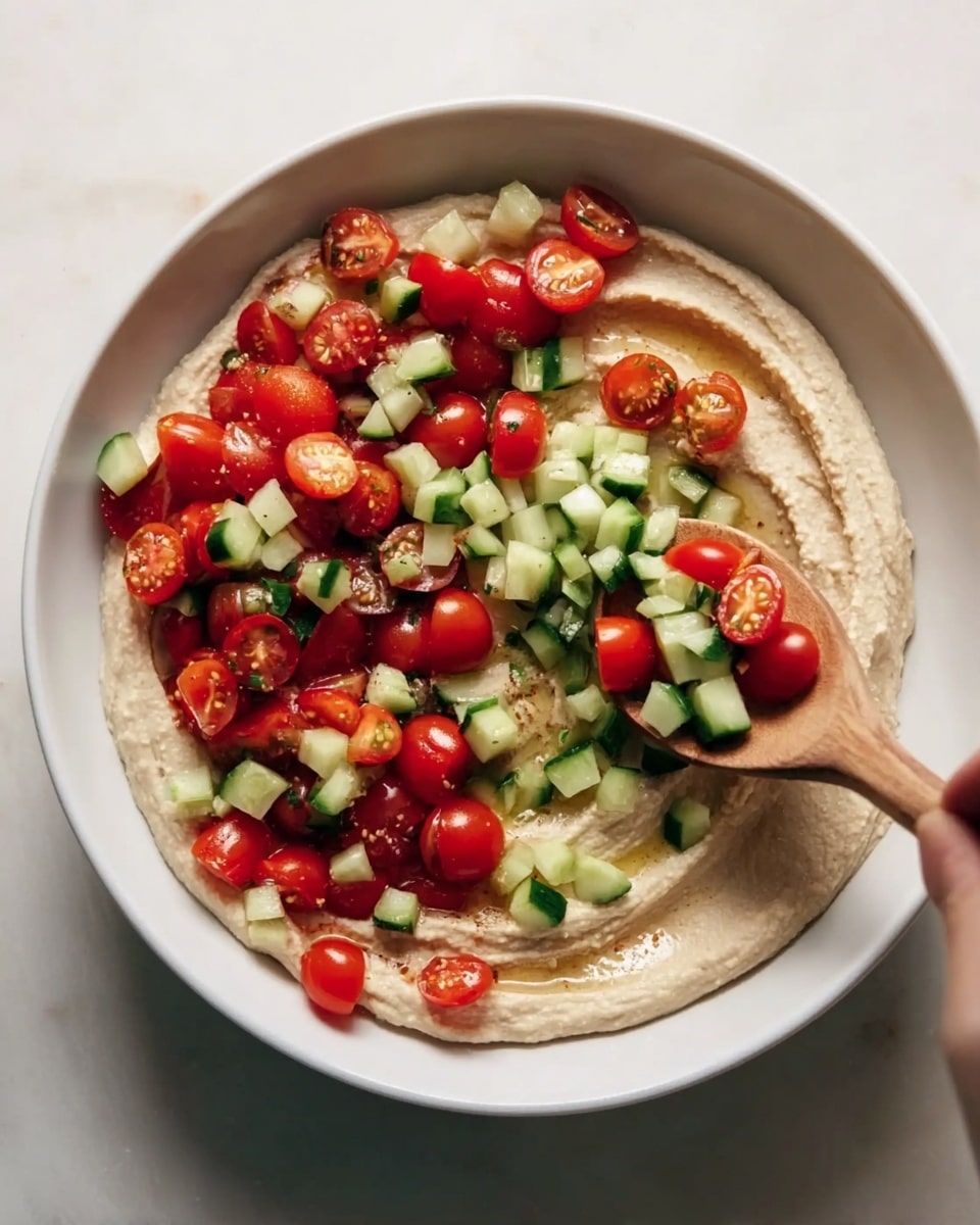 A white bowl is filled with a smooth, light beige spread, topped with a colorful layer of halved cherry tomatoes and small diced cucumbers scattered unevenly on one side. A wooden spoon held by a woman's hand is adding more of the chopped vegetables over the spread. The bowl sits on a clean white marbled surface, creating a bright and fresh look. photo taken with an iphone --ar 4:5 --v 7