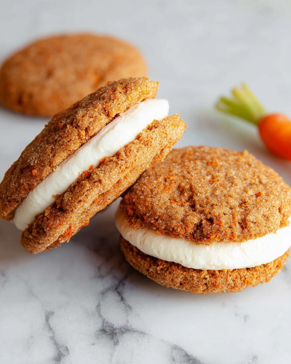 The image shows two sandwich-like treats made with three layers each: the top and bottom layers are soft, light brown cookies with a slightly rough, crumbly texture and visible specks of orange and darker brown, while the middle layer is a thick, smooth, and creamy white filling. They rest on a white marbled surface, and a small piece of a green and orange carrot is visible near the top right corner. The overall look is cozy and homemade. photo taken with an iphone --ar 4:5 --v 7