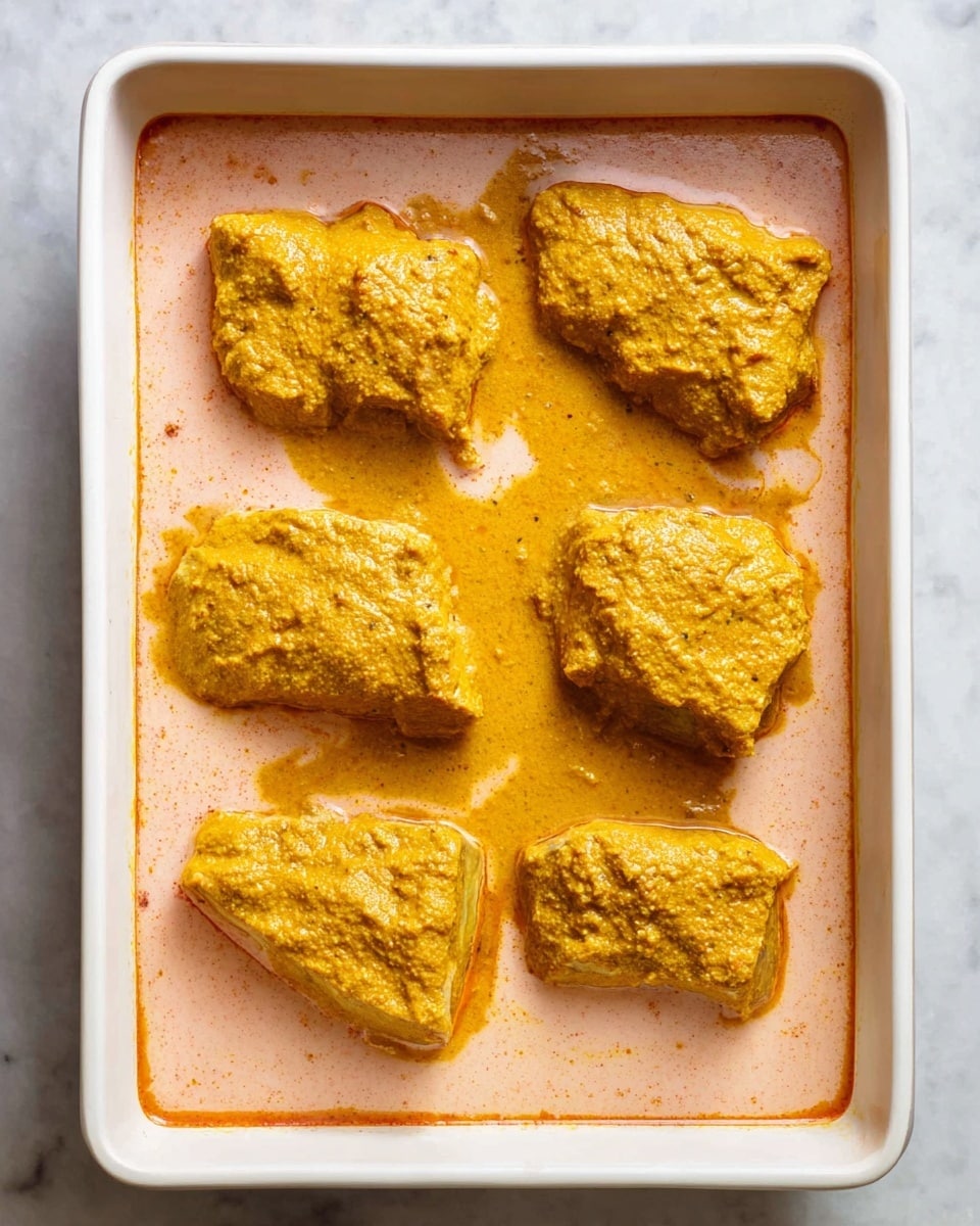 The dish shows a white rectangular baking dish filled with a smooth, light pink sauce covering the bottom and sides. On top of the sauce, there are six pieces of meat evenly spaced, each covered with a thick layer of yellowish-orange paste that looks rich and textured. The pieces vary slightly in size and shape, and the sauce around them looks creamy and slightly shiny. The white marbled surface beneath the bakeware adds a clean, bright background to the whole scene. photo taken with an iphone --ar 4:5 --v 7