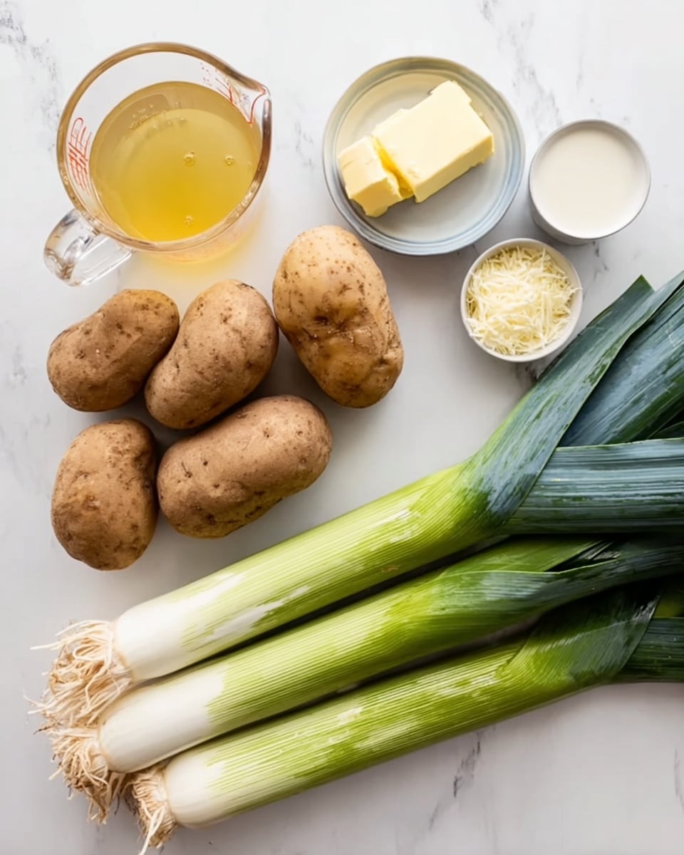 The image shows fresh cooking ingredients placed on a white marbled surface, including three whole leeks with long green and white stalks arranged diagonally at the bottom left. Above the leeks, there are five medium-sized brown potatoes grouped together. To the left of the potatoes, a clear glass measuring cup filled with golden-yellow broth is visible. Next to the potatoes on the right side, there is another clear glass measuring cup containing a white liquid, likely cream, along with two small white bowls above it, one holding a pale yellow square of butter and the other a small amount of grated cheese. The setup shows the raw ingredients clearly separated and ready for use in cooking. photo taken with an iphone --ar 4:5 --v 7
