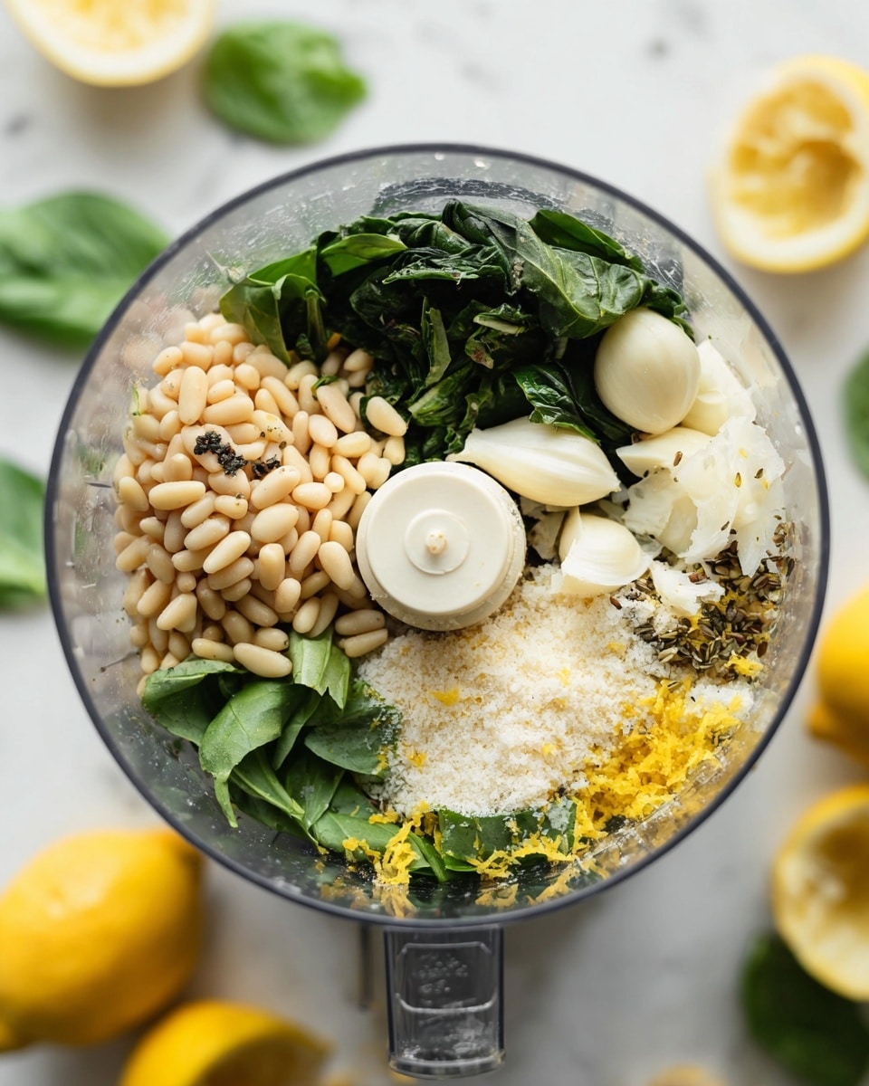 A clear food processor bowl filled with layers of ingredients starting with dark green fresh basil leaves at the bottom, topped with creamy white garlic cloves positioned on the right side. On the left side is a pile of pale off-white pine nuts. Below the pine nuts is a heap of finely grated pale yellow Parmesan cheese. Scattered over the top are small white salt grains and black pepper specks. Bright yellow lemon zest is sprinkled around the front edge. The food processor is set on a white marbled surface, with a blurred background of halved lemons and scattered basil leaves. Photo taken with an iphone --ar 4:5 --v 7
