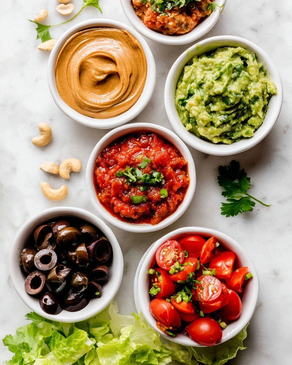 The image shows six small white bowls placed on a white marbled surface, each holding a different colorful food item. One bowl contains a smooth light brown peanut butter-like spread with a swirl on top. Another bowl holds a green guacamole-like mixture with a chunky texture. There is a bowl filled with bright red salsa, topped with small green cilantro leaves. A separate small white dish has halved red cherry tomatoes mixed with small pieces of green chili pepper. One bowl contains thin black olive slices with a shiny surface, and another has a mix of finely chopped green herbs and scallions. Some green lettuce leaves and a few loose cashew nuts surround the bowls around the edges. photo taken with an iphone --ar 4:5 --v 7