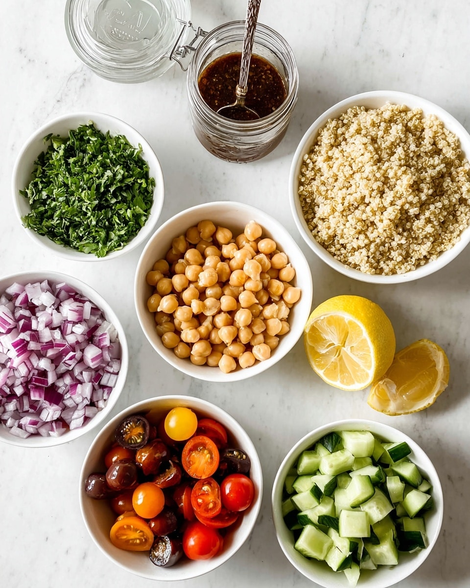 The image shows six white bowls arranged on a white marbled surface. The top right bowl contains a light beige, fluffy quinoa. Below it, a clear glass jar holds dark brown dressing with a spoon inside. To the bottom right of the jar, lemon halves have a bright yellow peel and pale inside. Moving clockwise, a bowl of diced cucumbers with dark green skin and light green flesh fills the bottom right middle. Below center, chickpeas with a smooth, light tan color fill another bowl. To the left middle, a bowl is full of finely chopped green herbs, varied shades of bright green. Above it, a bowl holds diced red onions in vibrant white and purplish shades. Center left is a bowl of halved cherry tomatoes in red, orange, and dark purple colors. The overall composition is neat, colorful, and fresh. Photo taken with an iphone --ar 4:5 --v 7