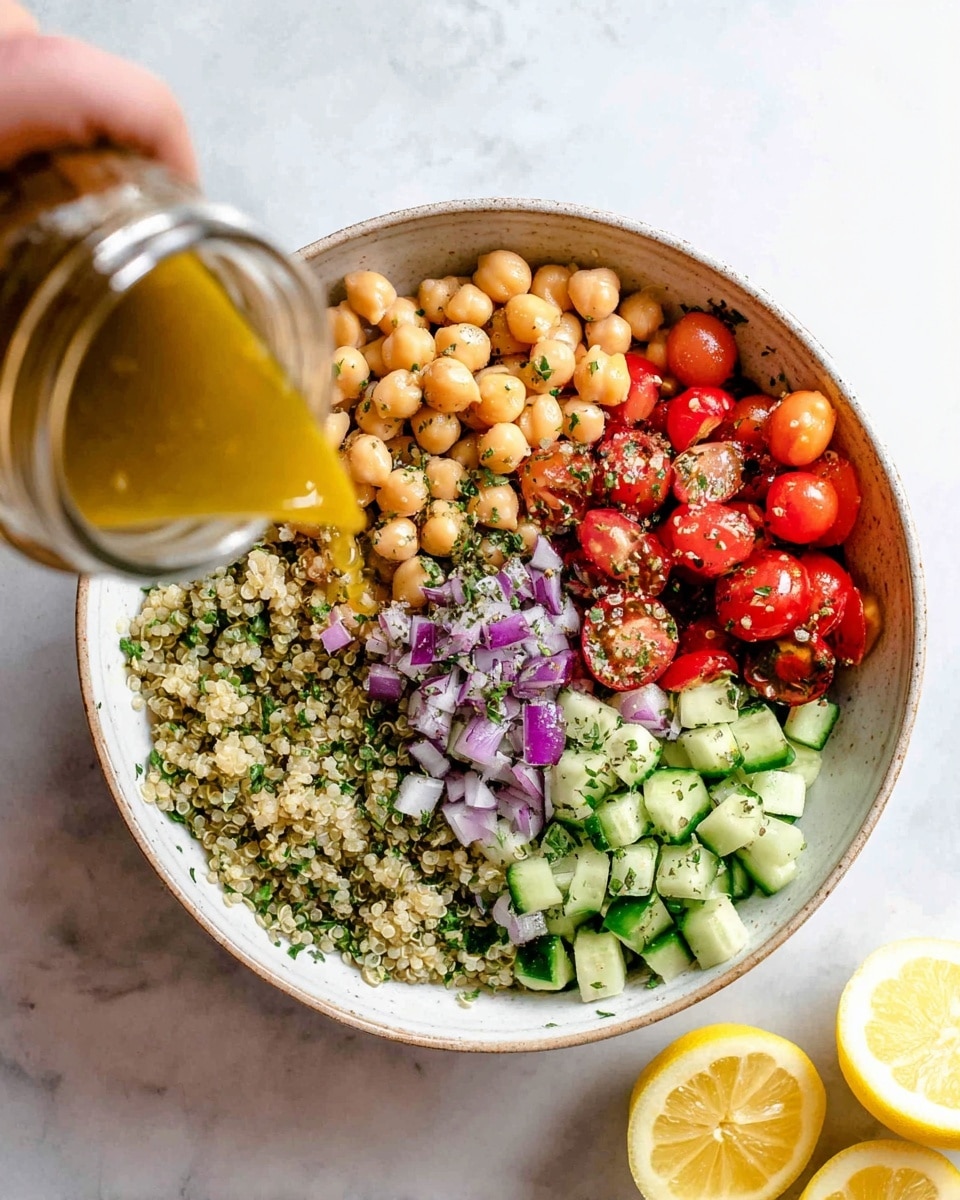 A white bowl filled with a base layer of light green quinoa mixed with herbs, topped with four separate sections of ingredients: beige chickpeas, bright red and dark cherry tomato halves, finely chopped purple onions, and light green cucumber cubes. A woman's hand is pouring a golden dressing from a glass jar over the bowl. The bowl is on a white marbled surface with two lemon halves placed near the bottom right side. photo taken with an iphone --ar 4:5 --v 7