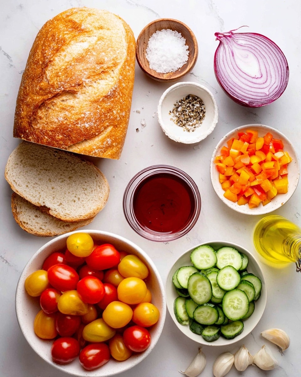 The image shows several ingredients laid out on a white marbled surface. On the left side, there is a loaf of bread with a golden-brown crust, partially sliced, displaying a soft, light inside. Above the bread, there is a small wooden bowl filled with coarse white salt, and next to it, a small white bowl contains cracked black pepper. To the right, a halved red onion with smooth purple layers is placed near a small clear glass bowl filled with a deep red liquid. A large white bowl is filled with small round tomatoes in three colors: red, yellow, and green. Above that, another white bowl contains thin chopped slices of cucumber with green skin and pale interiors. Below the tomato bowl, a white bowl holds small chopped pieces of orange bell pepper. On the right side of the image are two cloves of garlic and the edge of a clear bottle with yellow liquid inside. The overall color palette is fresh with red, yellow, green, orange, and neutral tones, set against the clean white background. photo taken with an iphone --ar 4:5 --v 7