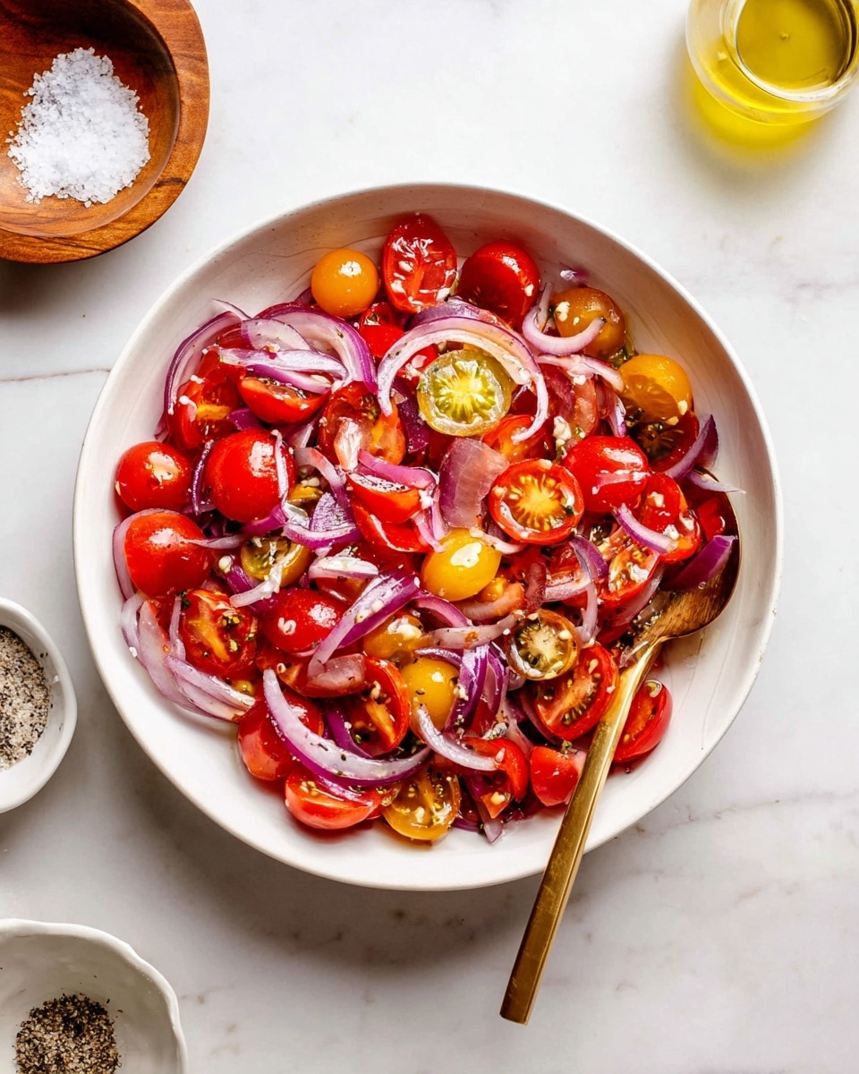 A white bowl holds a colorful salad with three main layers visible: the bottom layer is bright red cherry tomatoes cut in half, the middle layer has light yellow cherry tomatoes also cut in half, and the top layer is thin purple onion slices spread evenly over the tomatoes. The salad looks fresh with a light dressing, small specks of black pepper, and bits of white minced garlic sprinkled on top. A golden spoon rests inside the bowl on the right side. The bowl sits on a white marbled surface with a small wooden bowl of coarse salt and a white dish containing black pepper nearby, along with part of a glass bottle with yellow oil visible at the right edge. photo taken with an iphone --ar 4:5 --v 7