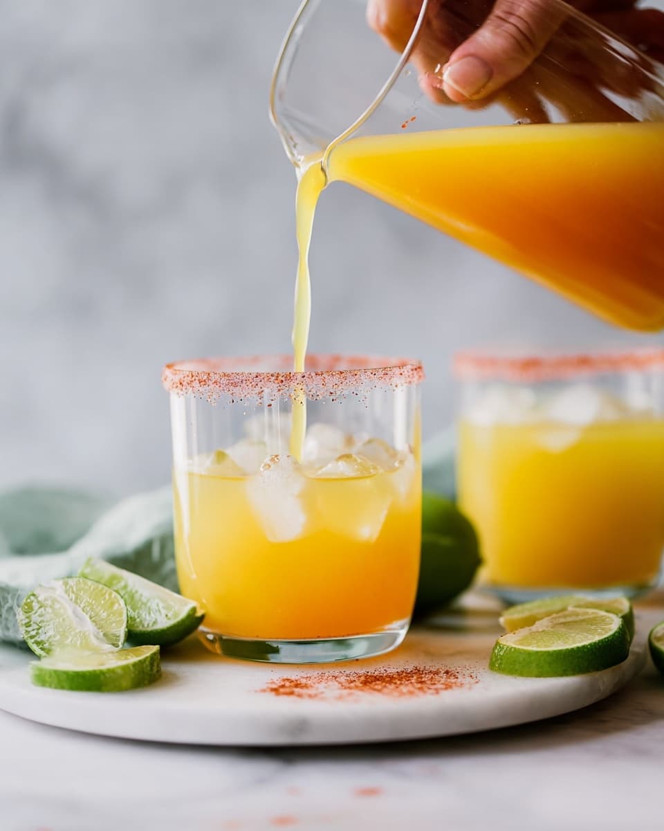 A close-up image showing a woman's hand pouring bright orange juice from a clear glass pitcher into a clear glass filled halfway with ice cubes. The glass has a pinkish-red spice rim. Another similar glass is placed in the background, also with orange juice and a spiced rim. The scene is set on a white marbled surface with lime wedges scattered around, and a white plate with the same pinkish-red spice and a lime wedge on it is visible in the front. The background is soft and blurred, with a light grey and white marbled texture. photo taken with an iphone --ar 4:5 --v 7