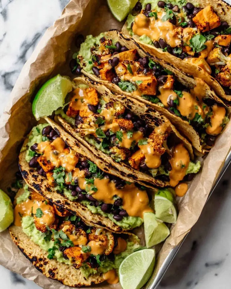 Roasted Sweet Potato and Cauliflower Tacos with Chipotle Cashew Crema Recipe
