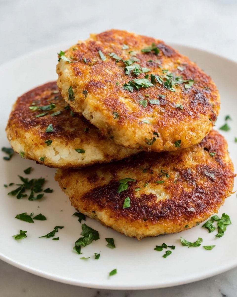 Three round, golden-brown patties with a crispy, slightly uneven texture are stacked on a white plate. The patties have a warm, toasted color with some darker brown spots, and are sprinkled with small bits of bright green herbs scattered on top and around them. The plate sits on a white marbled surface. Photo taken with an iphone --ar 4:5 --v 7