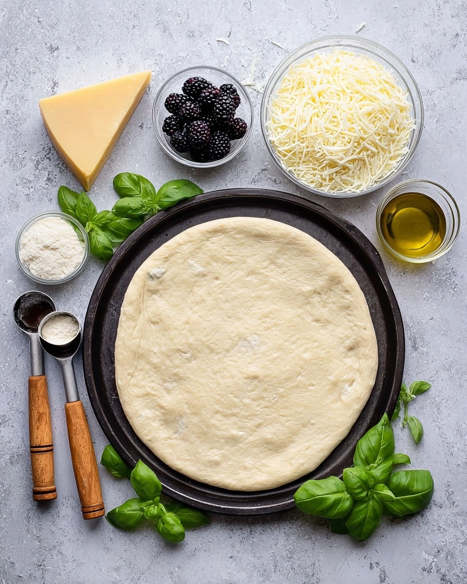A round, flattened pizza dough is placed on a dark round pan, surrounded by fresh green basil leaves. To the top right of the pan is a clear glass bowl filled with white shredded cheese. Below it, two wooden-handled measuring cups hold white flour and golden oil. On the left side, there is a wedge of yellow cheese and a small clear bowl of blackberries. The surface beneath everything is a white marbled texture. Photo taken with an iphone --ar 4:5 --v 7