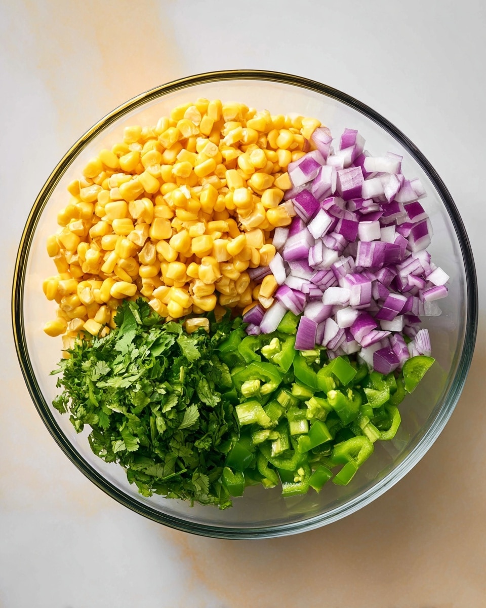 A clear glass bowl holds four separate piles of fresh ingredients arranged in a circle. The top pile is bright yellow corn kernels with a smooth texture. To the right, there are small cubes of purple-red onion with white bits, showing a crisp texture. At the bottom right, there are chopped green peppers in small, even pieces with a shiny, fresh look. On the bottom left, there is a pile of roughly chopped bright green cilantro leaves, soft and leafy. All ingredients contrast vividly against each other and the bowl sits on a white marbled texture. Photo taken with an iphone --ar 4:5 --v 7