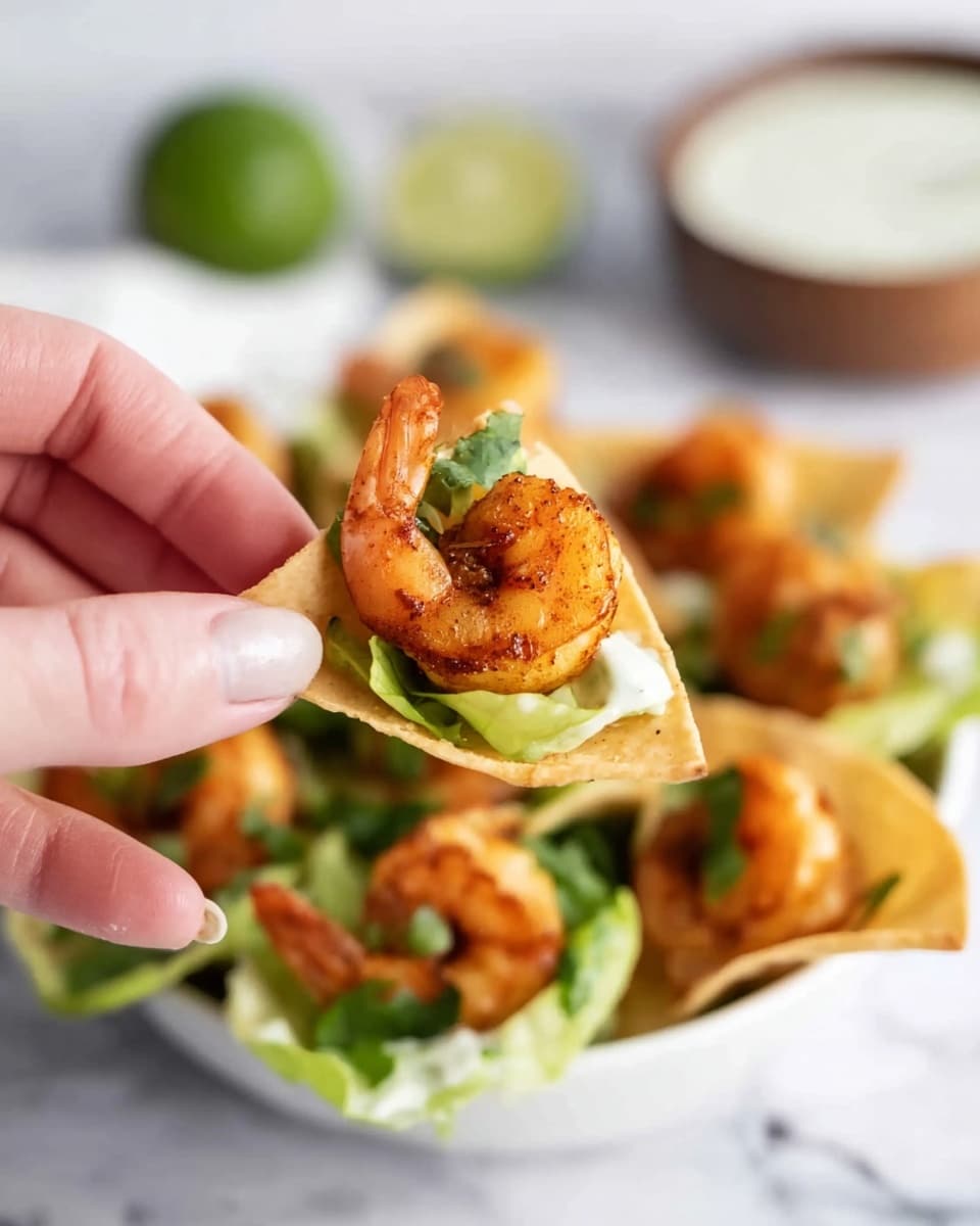 A woman's hand holds a small, light golden triangular chip with a single cooked shrimp on top. The shrimp is orange-brown with a slight char and sits on a layer of fresh, thinly sliced green lettuce. In the background, a white bowl is filled with more chips each topped with shrimp and garnished with green lettuce, resting on a white marbled surface. A lime wedge is seen behind the bowl along with a bowl of white dipping sauce, both slightly blurred. Photo taken with an iphone --ar 4:5 --v 7
