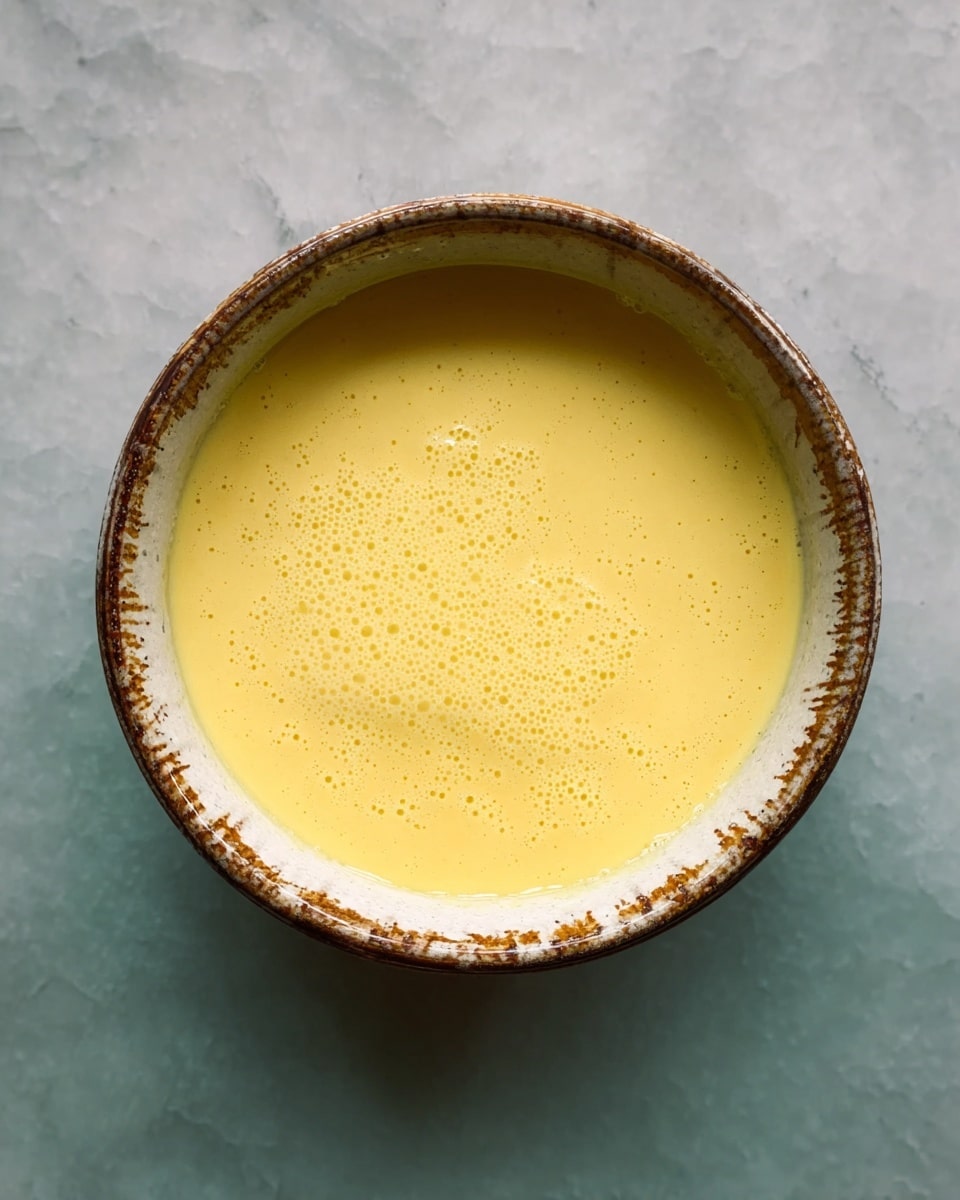 A close-up top view of a single layer of smooth, creamy yellow soup or sauce in a round white bowl with a rim that has a weathered, rustic look in shades of brown and beige, placed on a white marbled surface. The soup or sauce has a slightly frothy texture with small bubbles spread evenly across its surface. Photo taken with an iphone --ar 4:5 --v 7