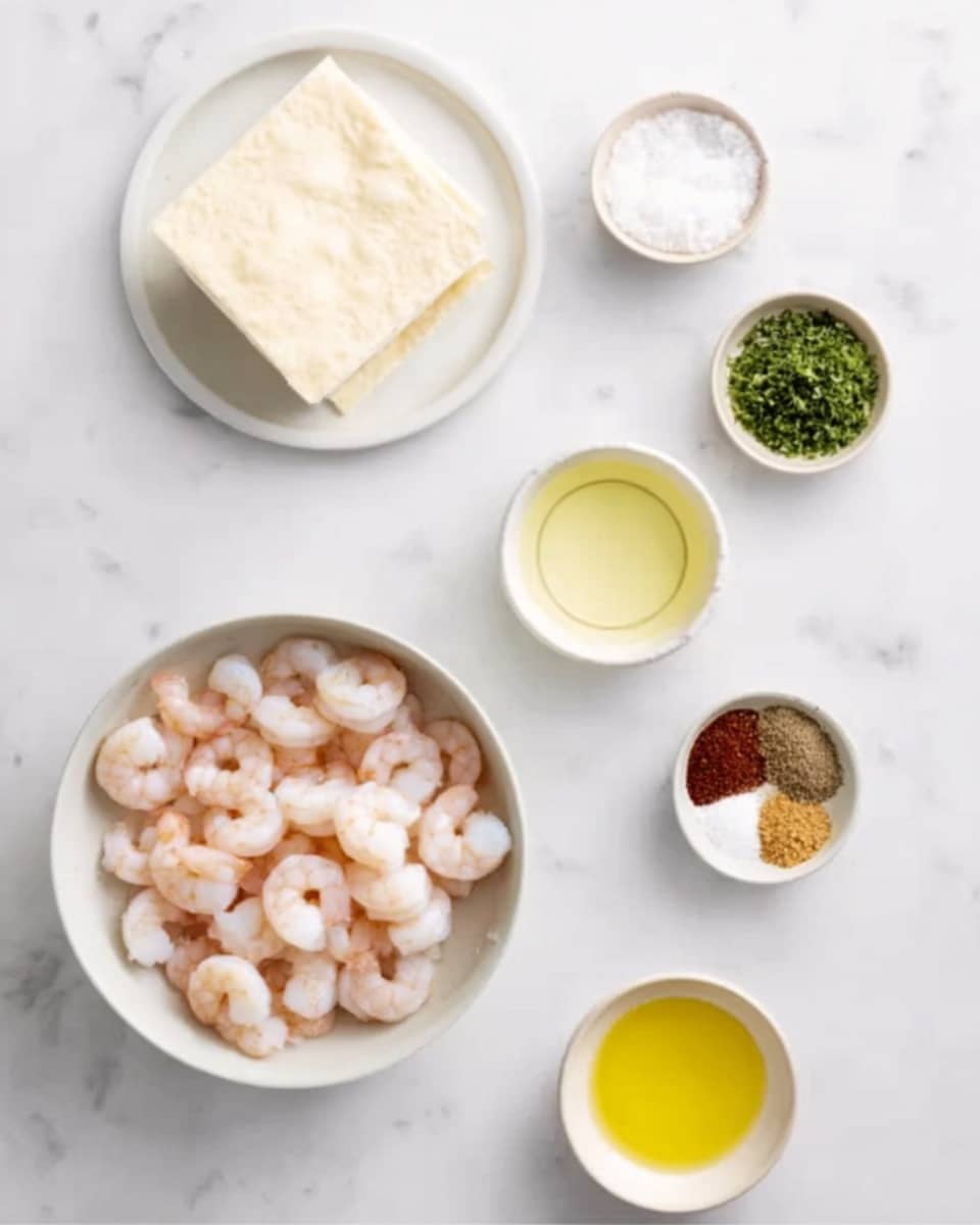 The image shows several small white bowls and a small white plate with ingredients placed on a white marbled surface. In the bottom left, there is a white bowl filled with peeled pink shrimp, arranged evenly. Above the shrimp are two small bowls, one with a yellow clear liquid and the other with a clear liquid. To the right, there is a bowl with finely chopped green herbs and a bowl of coarse white salt. A small white bowl filled with a yellow liquid is placed near the bottom right. Next to it, a small white bowl holds a mix of colorful ground spices including red, brown, and beige powders. In the top left corner, a white plate holds two stacked square sheets of light beige dough or wrappers. The setup is clean and simple, with all items spaced out clearly. Photo taken with an iphone --ar 4:5 --v 7
