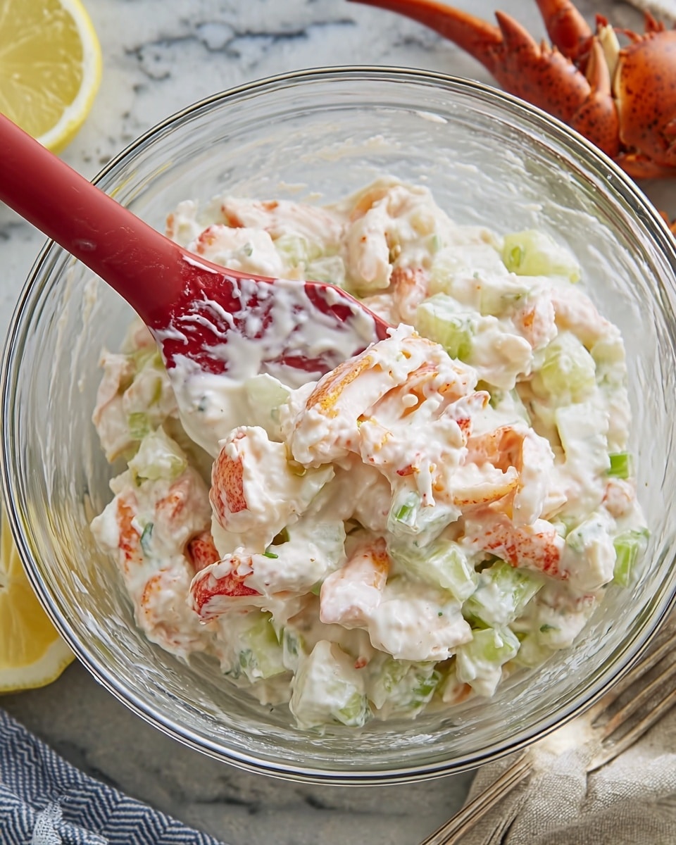 The image shows a clear glass bowl filled with a creamy mixture that looks like a salad. There are three main layers visible: chunks of orange and white lobster meat, pale green celery pieces, and a thick white mayonnaise-like sauce that coats everything evenly. A red spatula is resting inside the bowl, partly covered with the white sauce and salad mixture. The bowl is placed on a white marbled surface, with a half lemon on the lower side and a piece of lobster shell with claws on the upper right side. A silver fork is visible on the lower right edge of the image. photo taken with an iphone --ar 4:5 --v 7