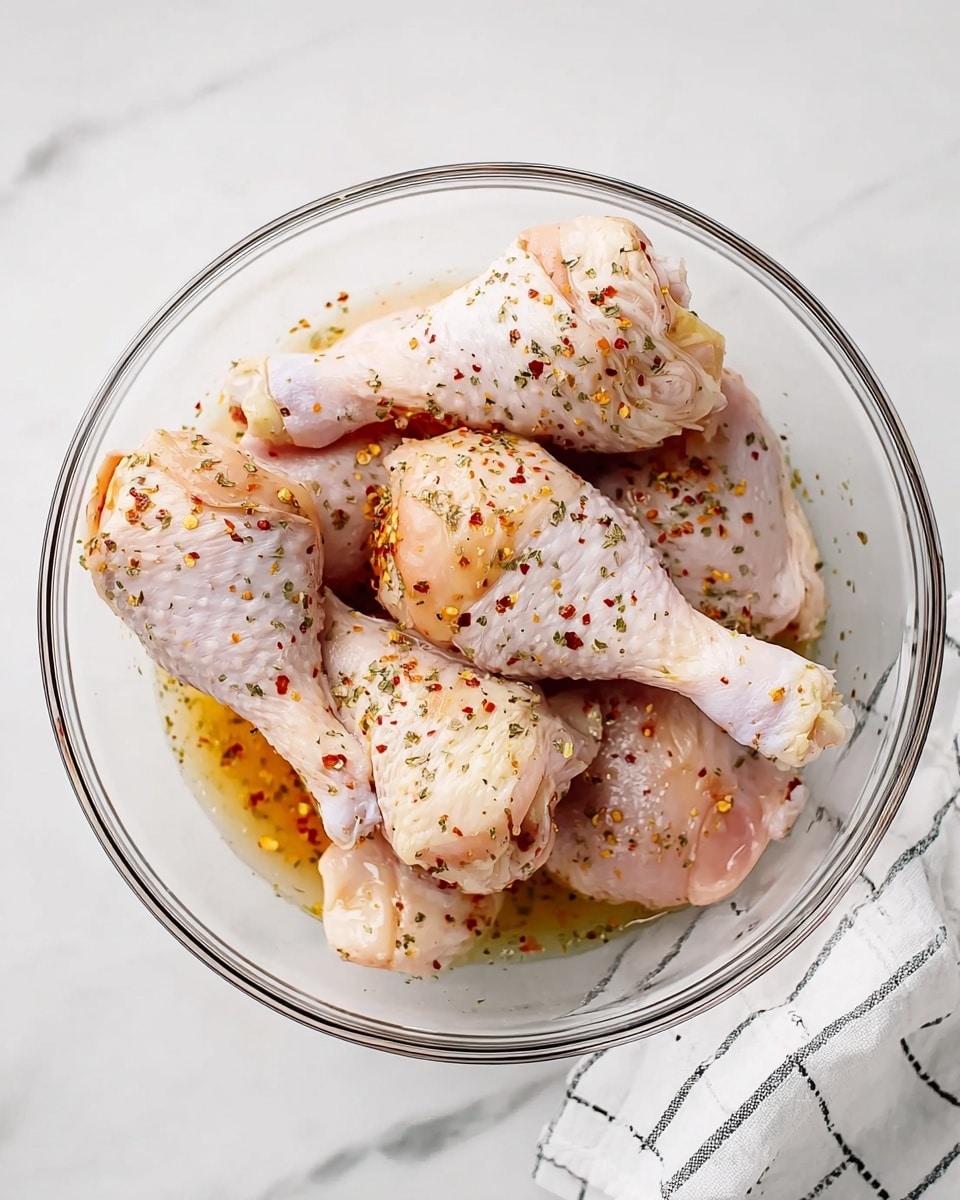 A clear glass bowl sits on a white marbled surface, holding six raw chicken drumsticks arranged to fill the bowl evenly. The drumsticks are pale pink with some white skin and yellow tips near the bone ends. They are sprinkled with a mix of coarse herbs and red chili flakes, giving small spots of green, red, and brown over the chicken skin. There is a thin layer of juice pooling at the bottom of the bowl, slightly tinted by the spices. In the lower right corner, part of a white cloth with black stripes is visible. photo taken with an iphone --ar 4:5 --v 7