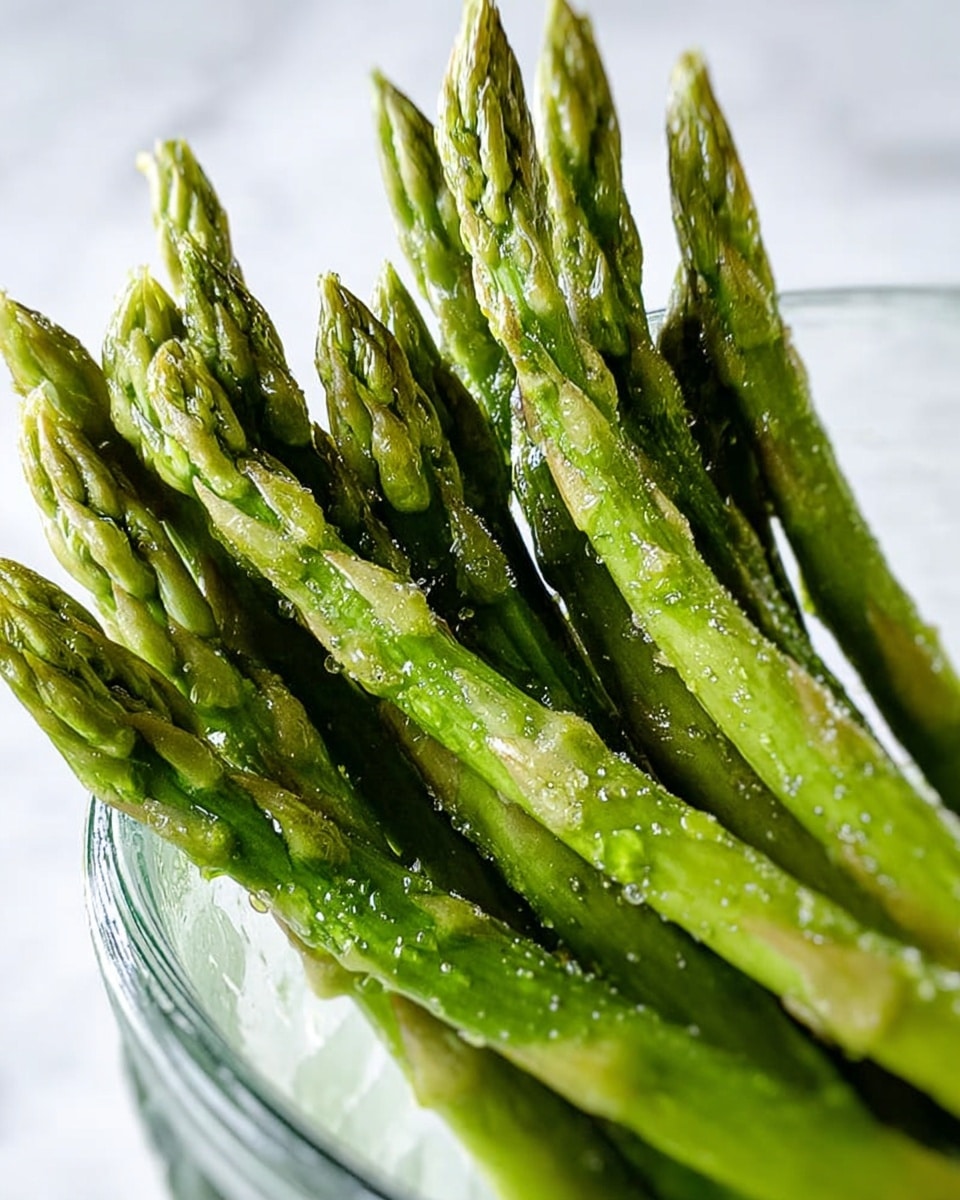 A clear bowl filled with bright green asparagus stalks, arranged tightly together with their pointed tips facing up. The asparagus looks glossy and fresh, coated lightly with small droplets of oil and some coarse salt sprinkled evenly over each stalk, highlighting their natural texture and segmented surface. The bowl sits on a white marbled surface, and the background is softly blurred to focus on the vibrant asparagus. photo taken with an iphone --ar 4:5 --v 7