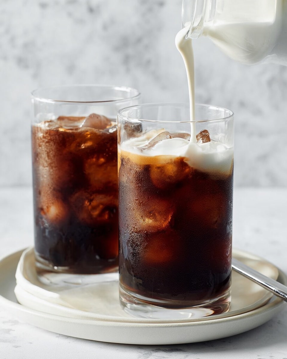 Two clear glasses filled with dark brown iced coffee, each glass containing visible ice cubes creating a textured, cool look inside. The glass on the right shows a thick white cream being poured from above, forming a bright white layer on top of the dark coffee. Both glasses sit on a stack of two round white plates with a clear straw resting on the edge of the top plate. The background and surface are white marbled texture. photo taken with an iphone --ar 4:5 --v 7